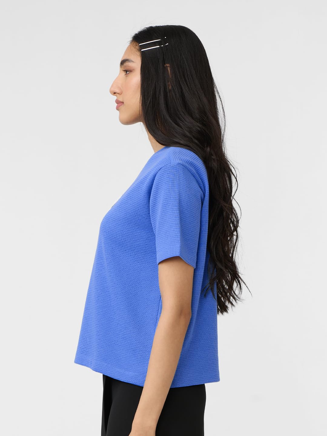 The Souled Store Textured T-Shirt: Disney Baymax Women and Girls Short Sleeves Round Neck Embroidered Blue Cotton Relaxed Fit T-