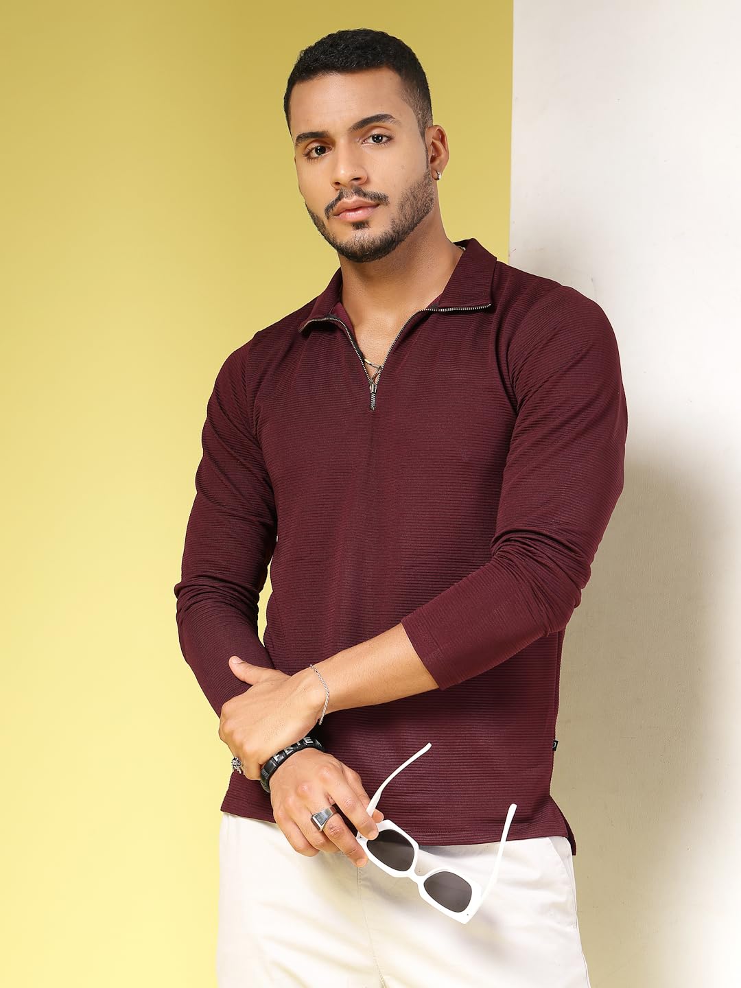 Rigo Polyester T-Shirt for Men | High Neck, Slim Fit T-Shirt for Men | Solid Casual T-Shirts Wine