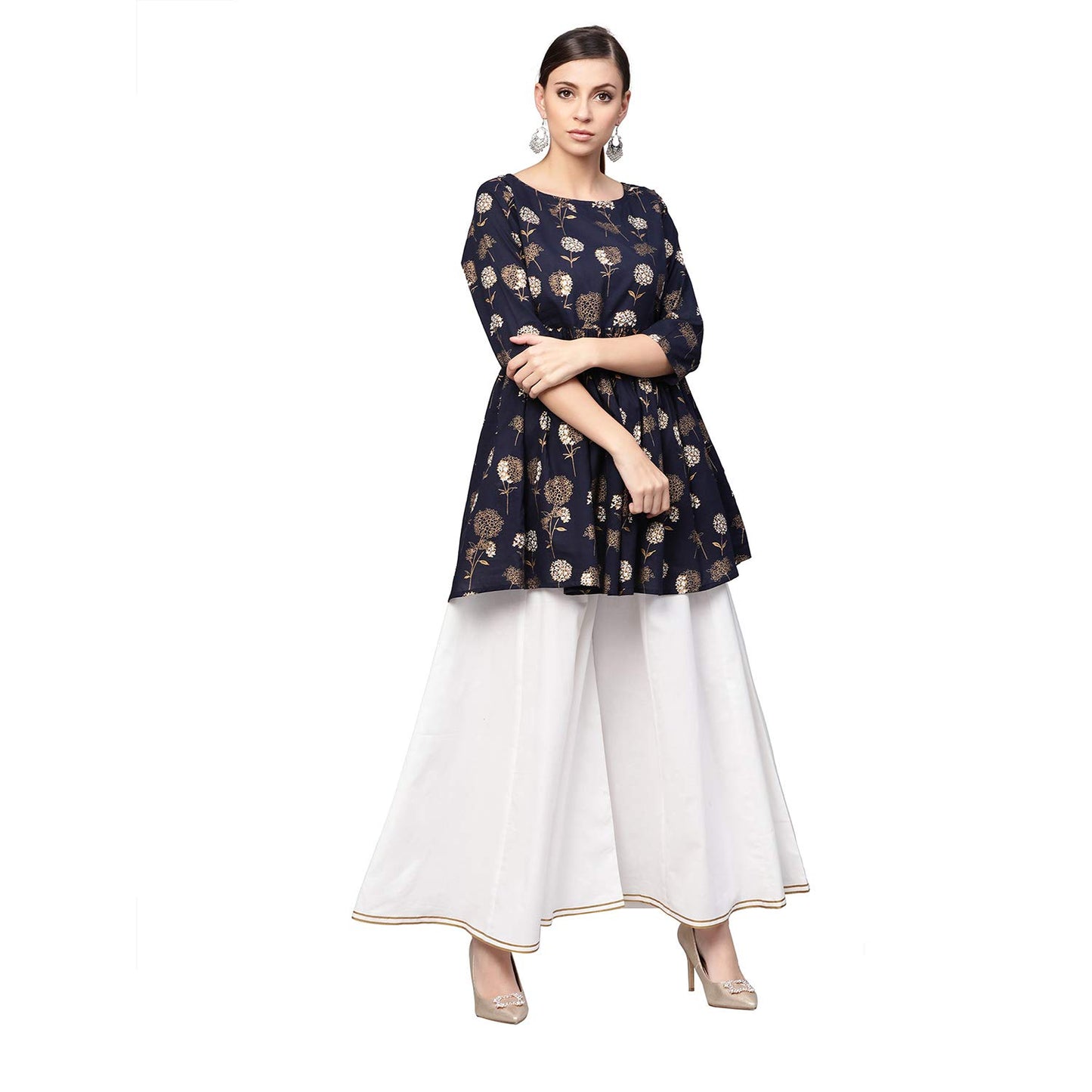 idaLia Women's Gold Print Peplum Cotton Kurta Set
