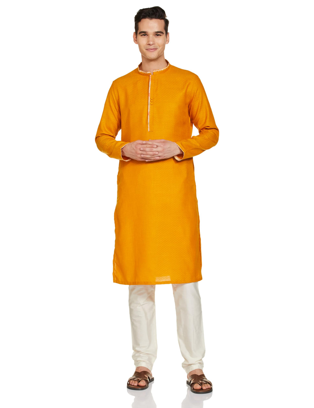 Manyavar Mustard Blended Viscose Solid Casual Kurta Set For Men