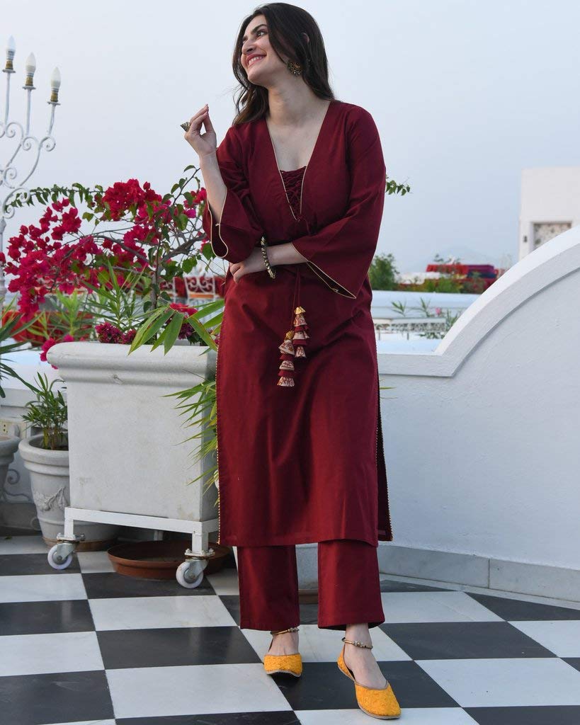 ANNI DESIGNER Women's Maroon Color Rayon Kurta with Palazzo Set (Geetha Maroon)