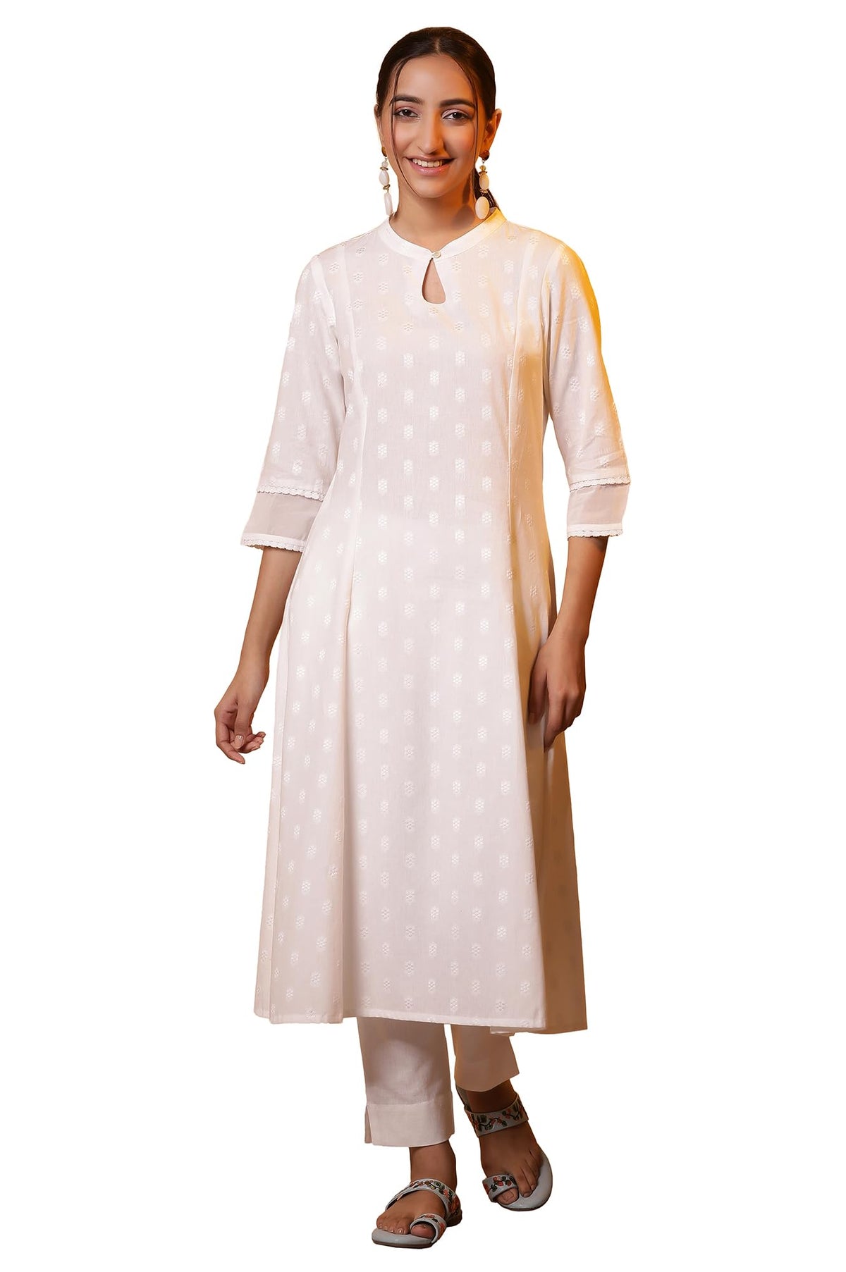 Aurelia White Floral Printed Printed Cotton-Rayon Blend Regular Kurta for Women