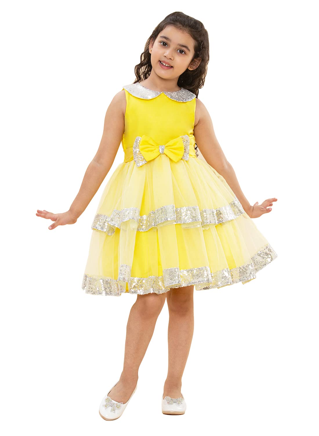 A.T.U.N. (ALL THINGS UBER NICE) Girls Peter Pan Sequins Collar Birthday Party Princess Tiered Dress for Kids