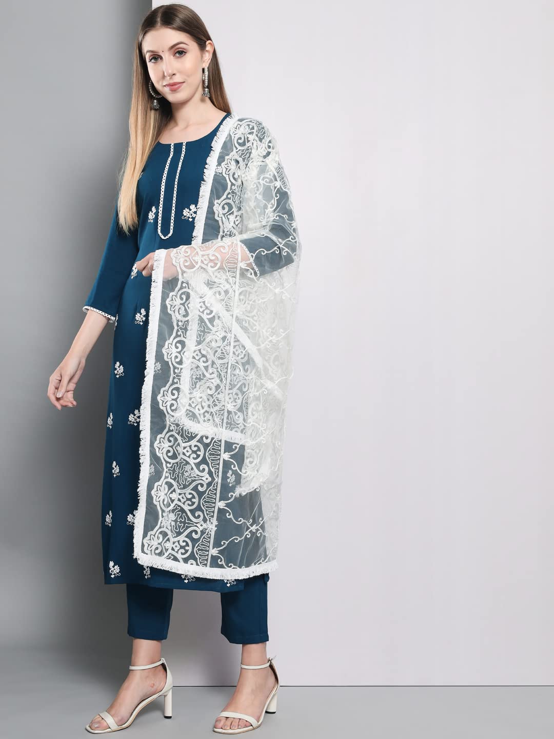 GoSriKi Women's Cotton Blend Embroidered Straight Kurta with Pants & Dupatta (ASANA-GS)