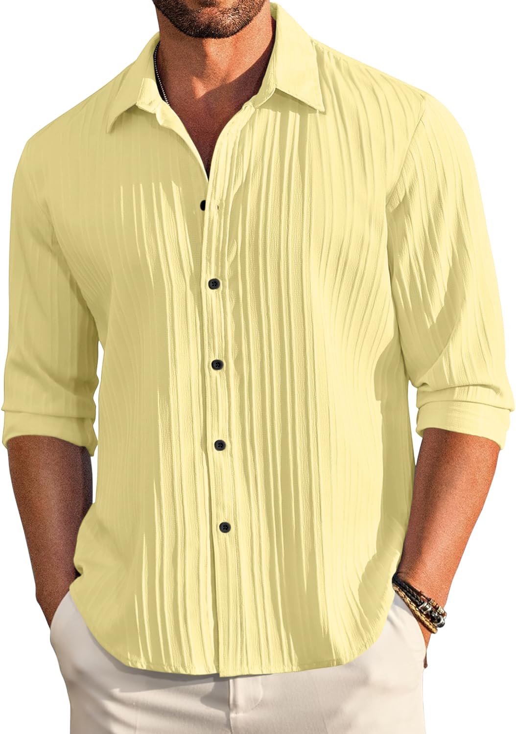 Finivo Fashion MenS Casual Cotton Plain Button Down Shirt Long Sleeve Textured Summer Beach Shirt For Men Yellow