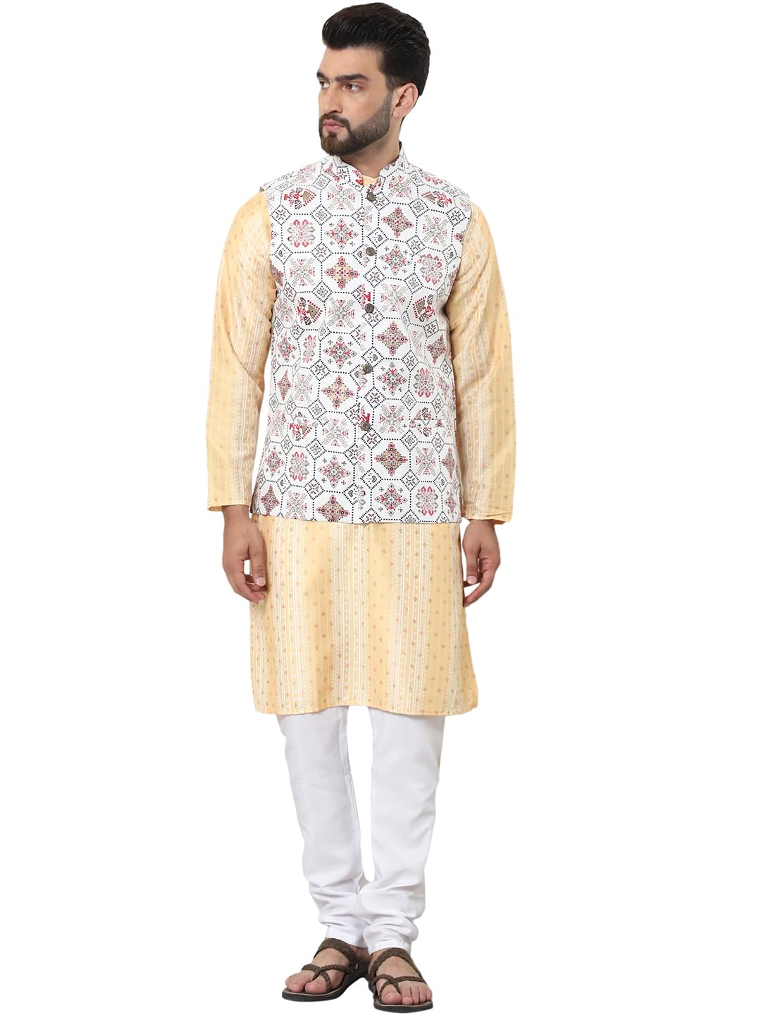 SOJANYA (Since 1958 Men's Cotton Silk Printed Mustard Kurta and White Pyjama With Printed Cream Nehru Jacket