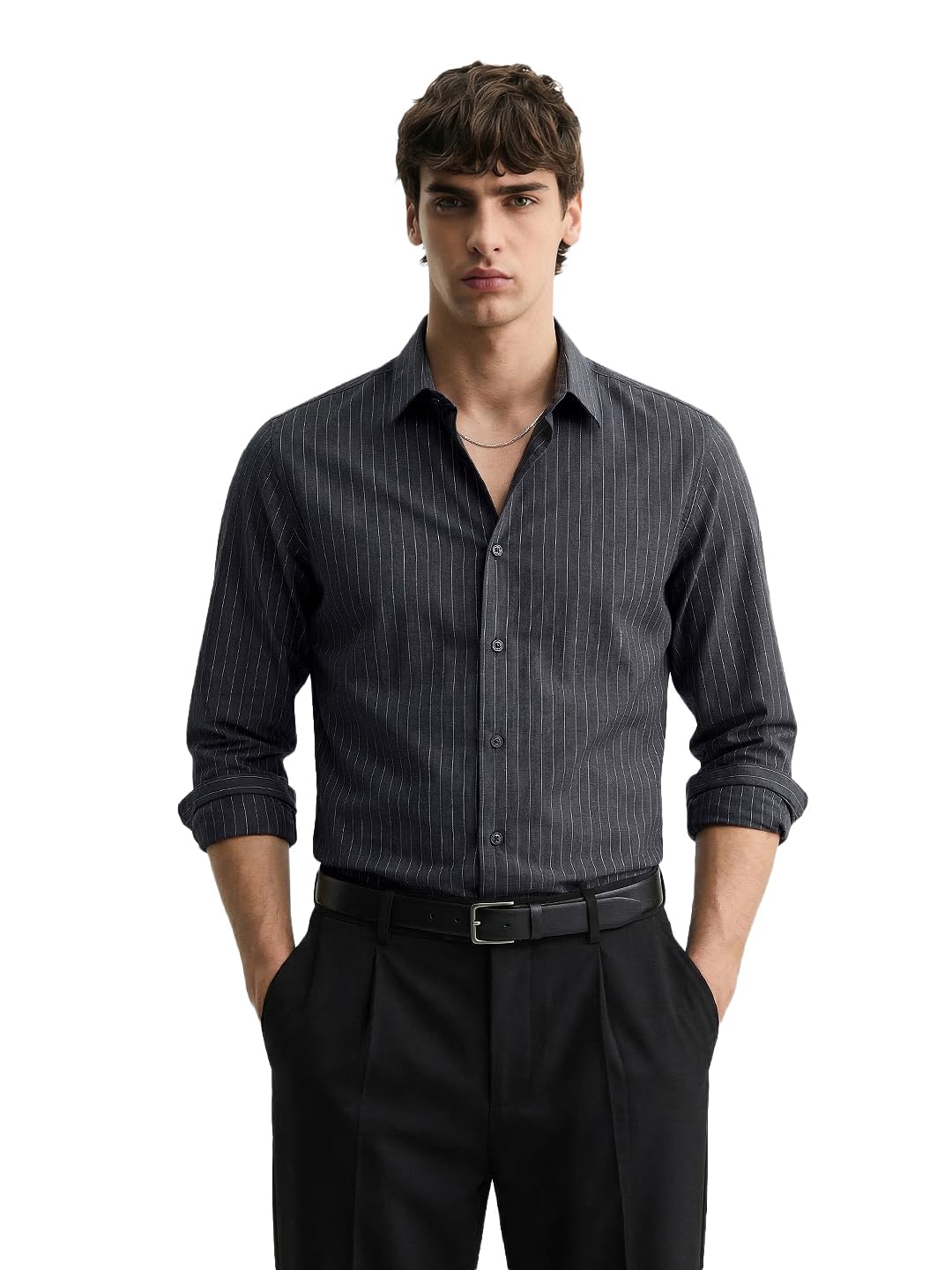 The Indian Garage Co Mens Slim Fit Striped Cutaway Collar Full Sleeves Party Shirt