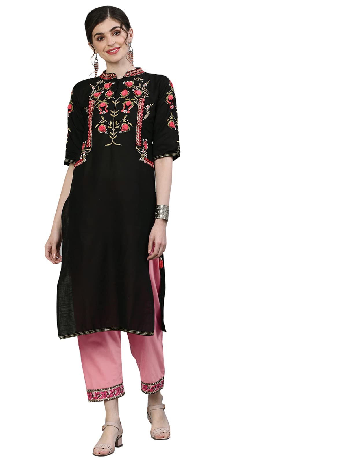 Ishin WomenS Cotton Black Embroidered Straight Kurta