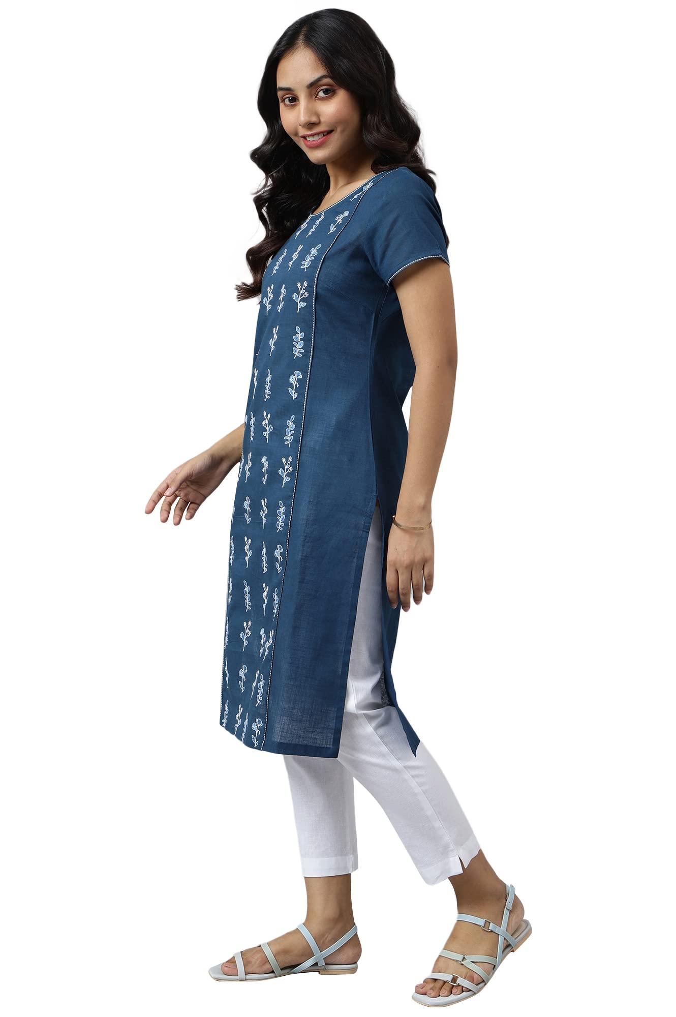 Aurelia WomenS Embroidered Regular Blue Cotton Kurta