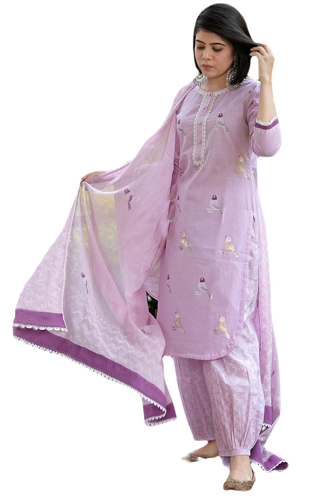 GoSriKi Womens Rayon Blend Hand Printed Straight Kurta with Pants and Dupatta, purple, Small