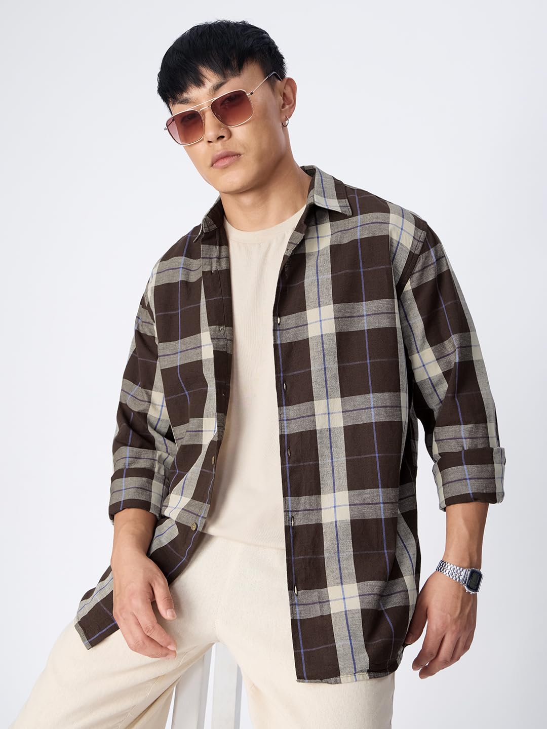 The Souled Store: Mocha Men and Boys Long Sleeve Spread CollarButton Front Brown Plaid Regular Fit Cotton Linen Shirt