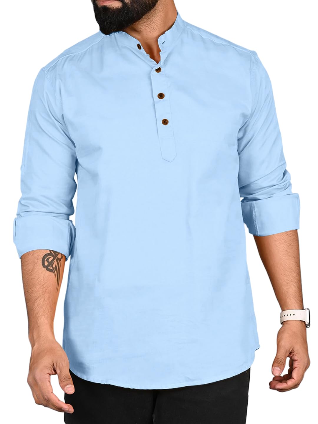Royalscout MenS Cotton Polyester Blend Solid Regular Fit Full Sleeve Short Kurta Sky