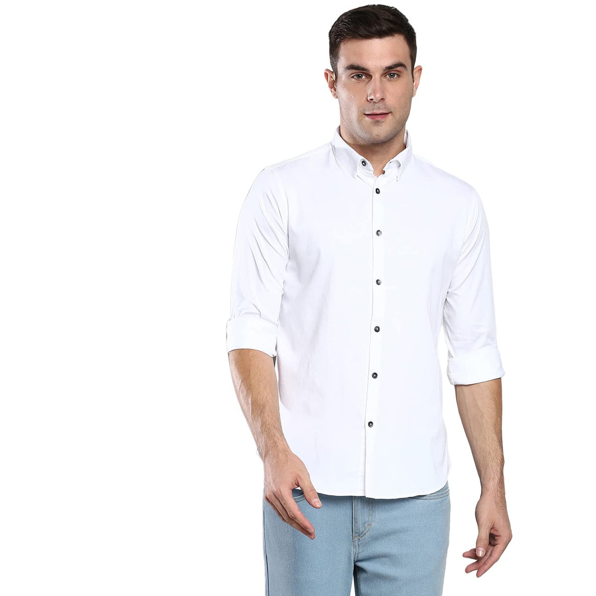 Dennis Lingo MenS Solid White Slim Fit Satin Lycra Casual Shirt With Concealed Button Down & Full Sleeves