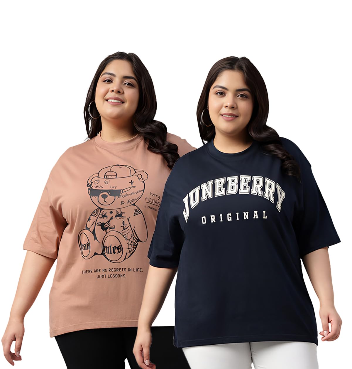 Juneberry 100% Pure Cotton Oversized Loose Baggy Fit Drop Shoulder Graphic Printed Plus Size T-Shirt Combo For Women (Pack Of 2)