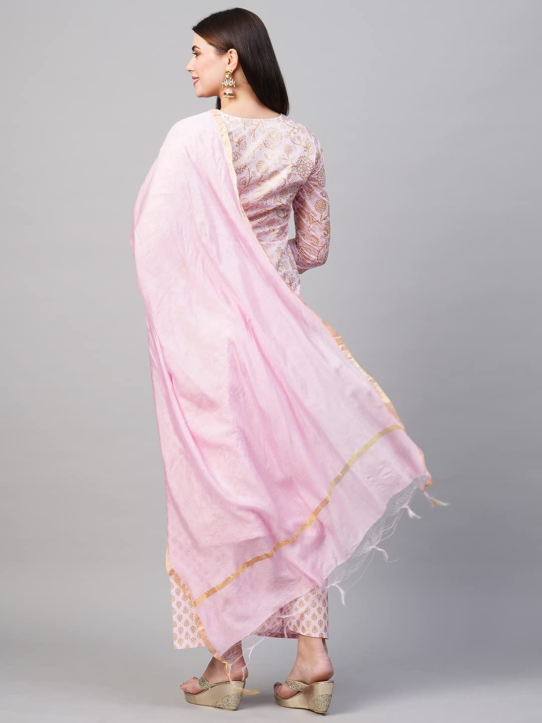 ANNI DESIGNER Women's Cotton Blend Printed Straight Kurta with Palazzos & Dupatta (Ghost-Off-Pink_XL_Pink_X-Large)