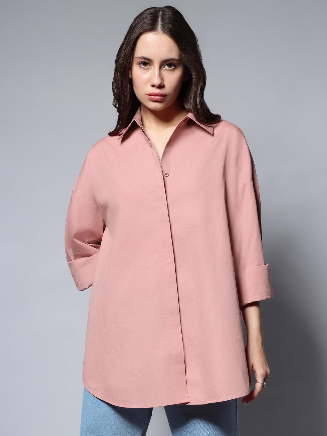 High Star WomenS Cotton Solid Oversized Fit Shirt (Hswshs23001_Pink_1)