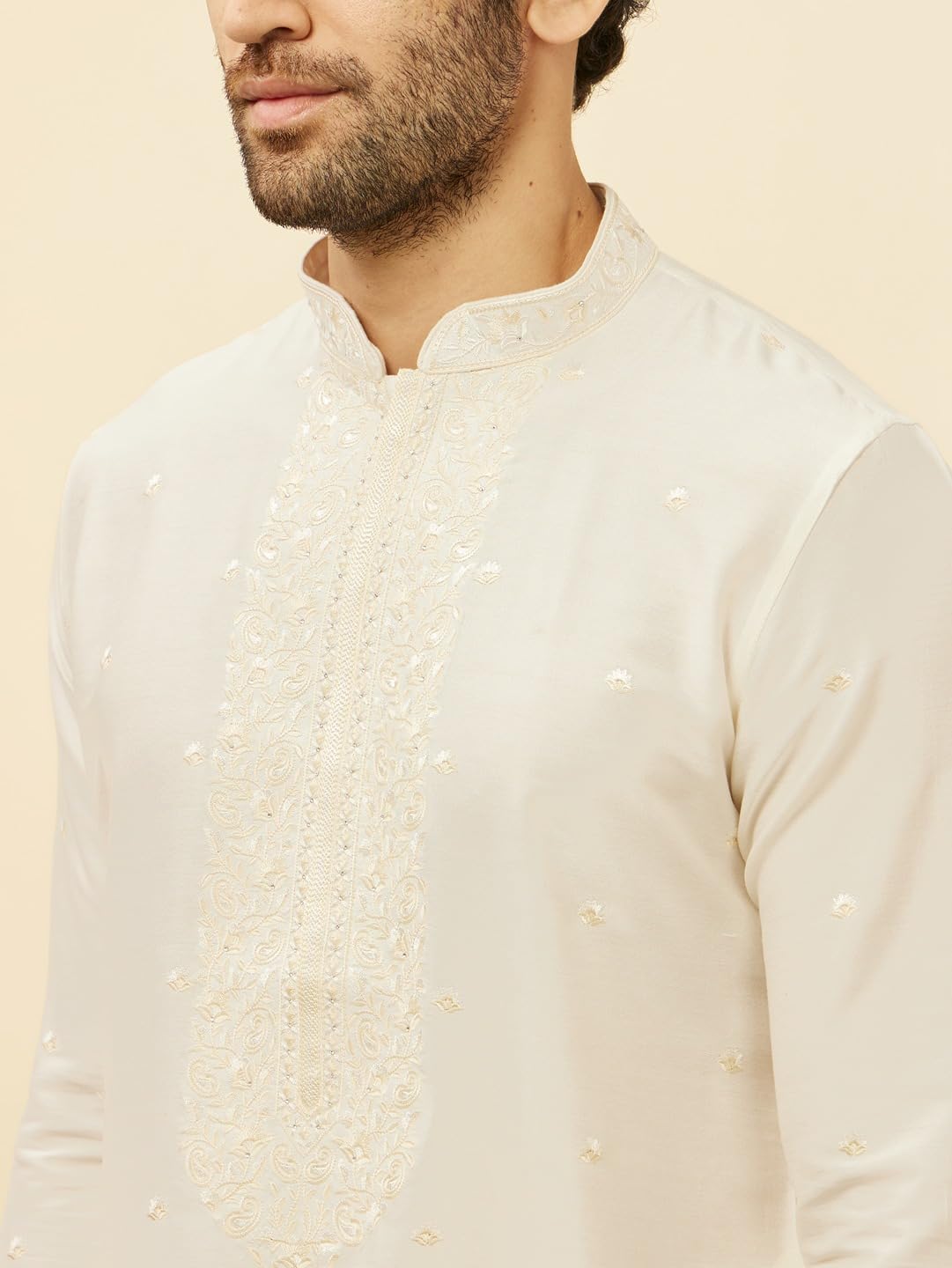 Manyavar Mens Warm White Blended Viscose Embroidered Kurta Pyjama Set