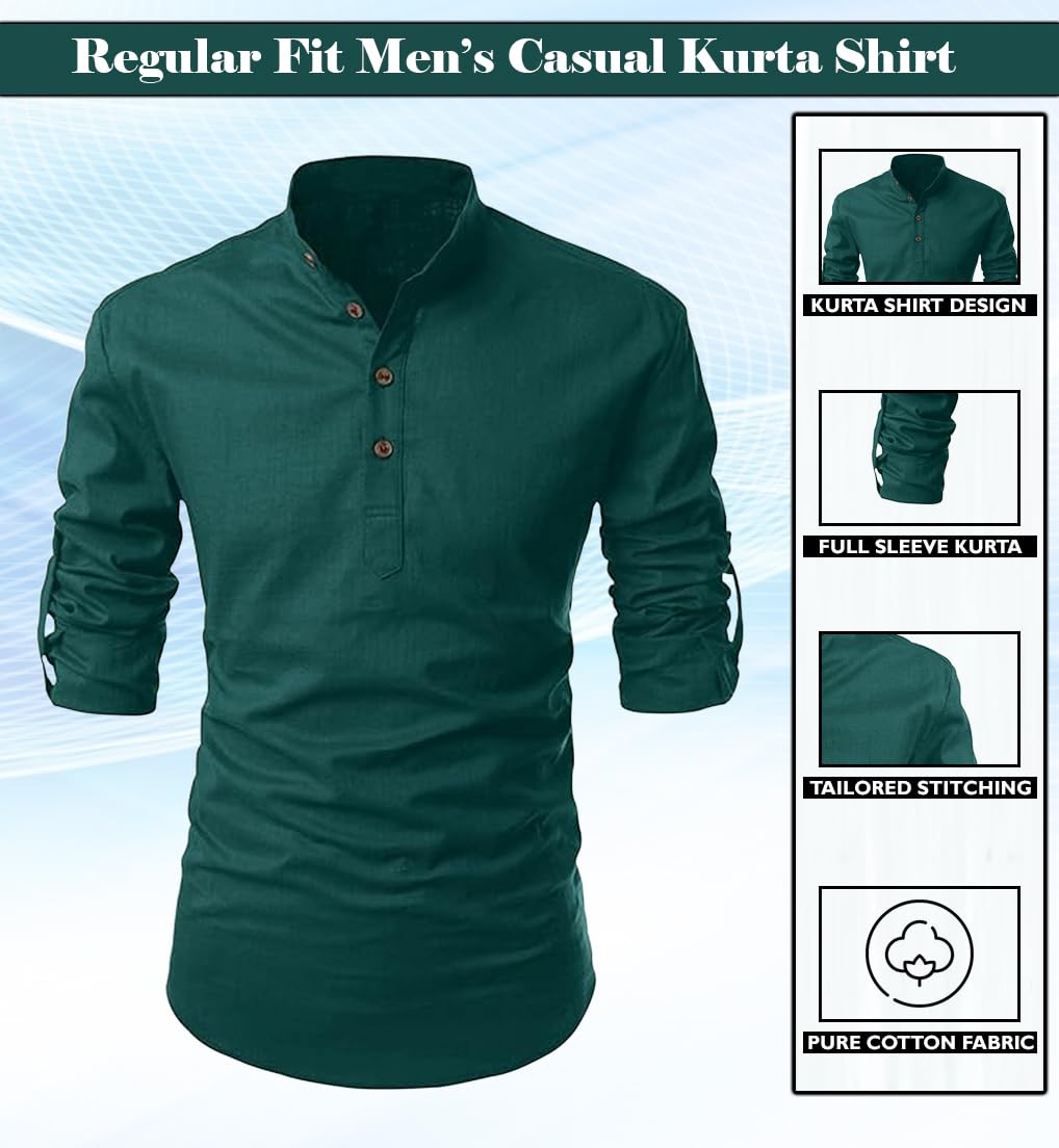Finivo Fashion MenS Cotton Blend Solid Full Sleeve Short Kurta Shirt Dark Green