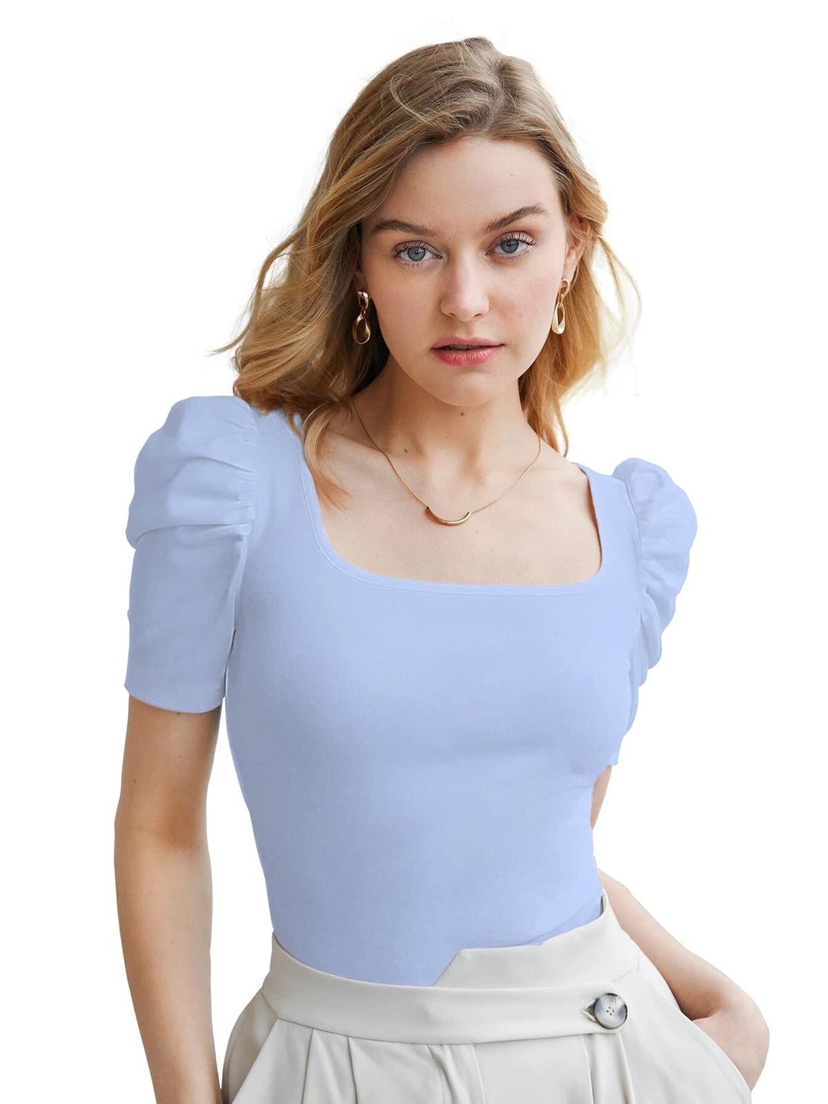 Shasmi Womens Sky Blue Pleated High Neck Short Puff Sleeve Ruched Bust Solid Tops for Women/Tops for Girls (Shree Top 22 Sky Bl