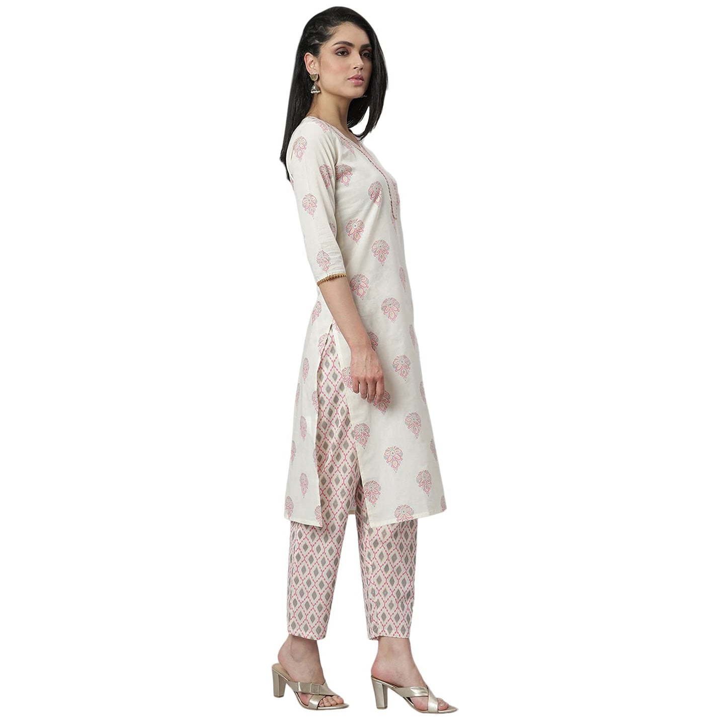 Stylum Women's Printed Cotton Straight Kurta Pant Set (Off White)