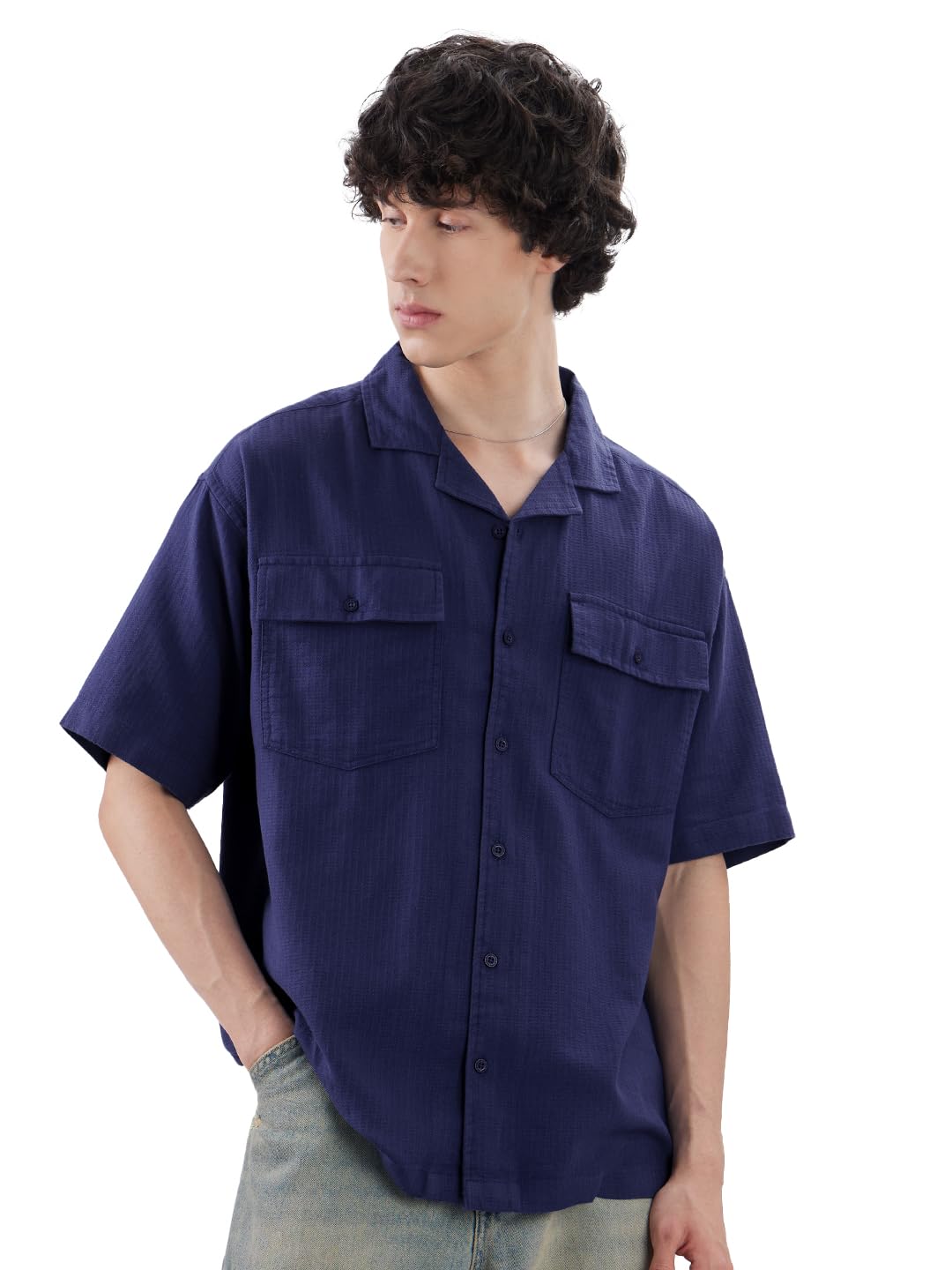 The Souled Store Solids: Navy Blue Men and Boys Short Sleeves Collared Neck Button Front Oversized Fit Cotton Textured Shirts