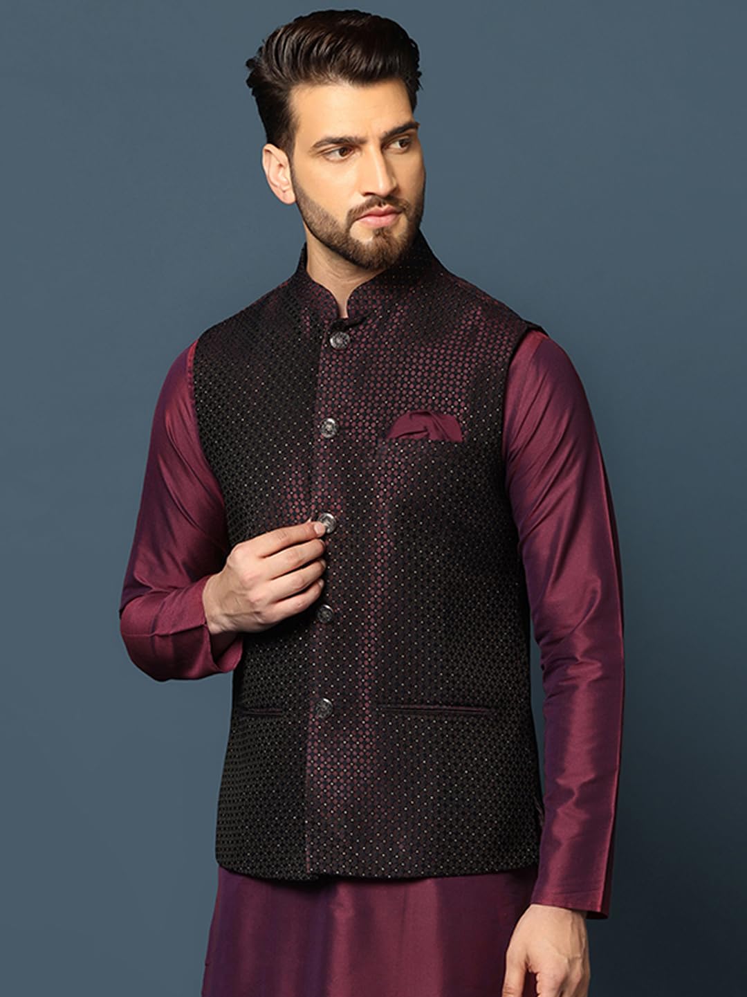 Kisah MenS Nehru Jacket Ethnic Festive Waistcoat Navy Blue Cotton, Regular Fit