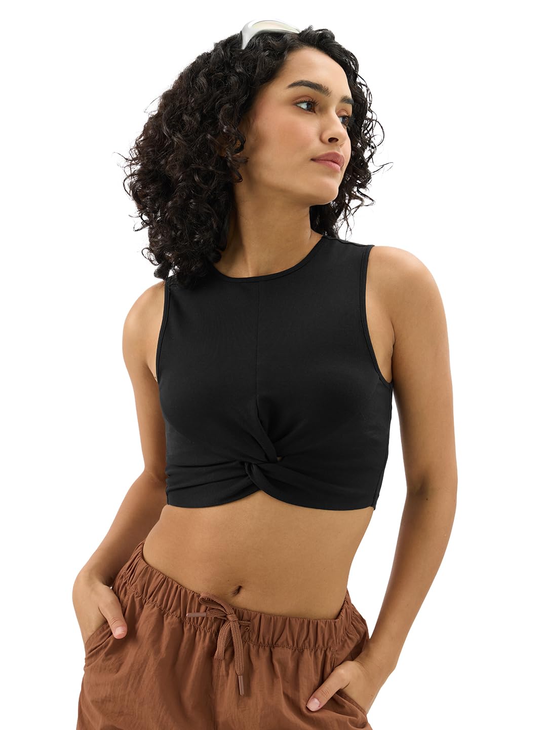 The Souled Store Solids: Ink Black Women and Girls Sleeveless Round Neck Cotton Blend Slim Fit Cropped Tops