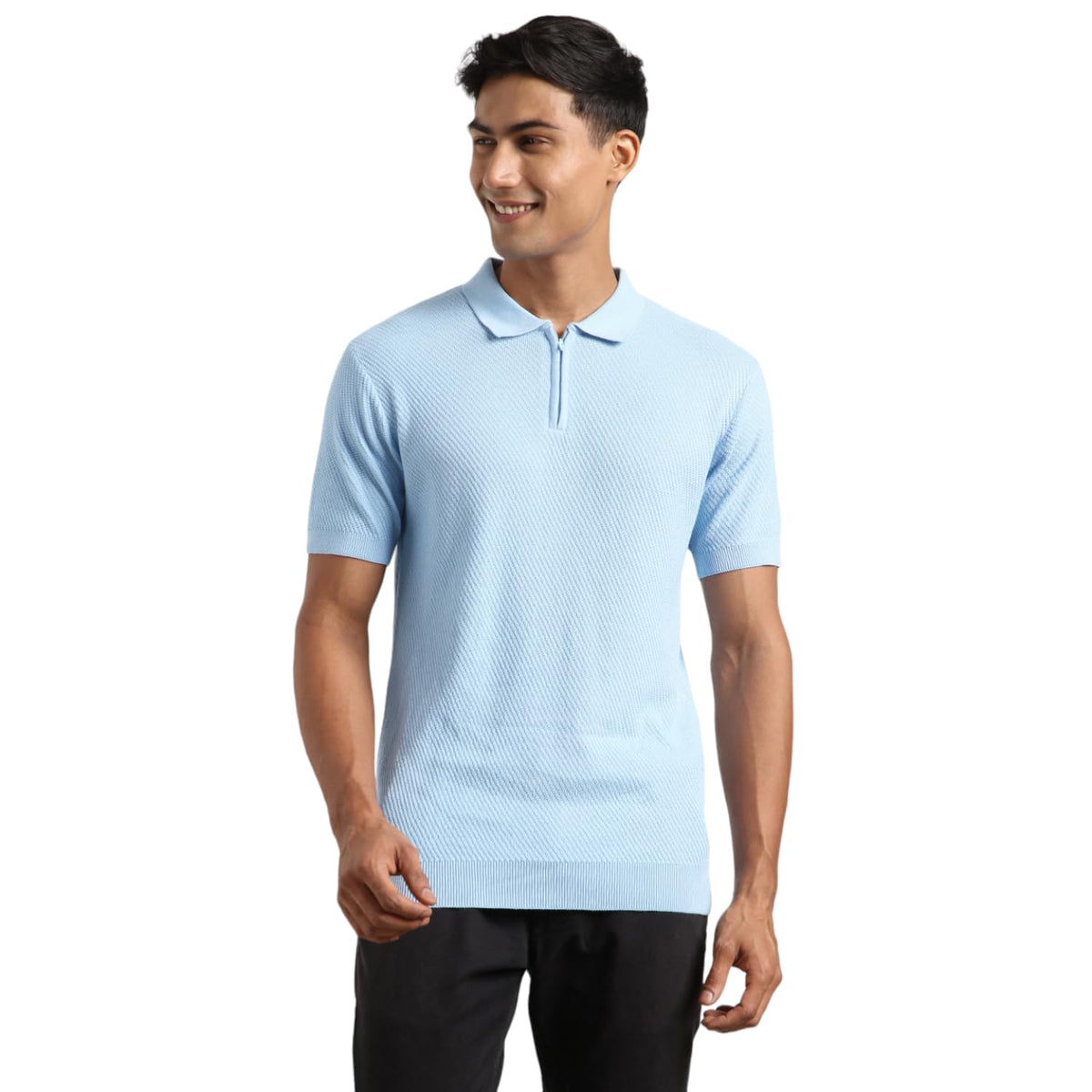 Nobero MenS Self Design Regular Fit Polo Shirt (1M-Twpo-R0014_Powder Blue