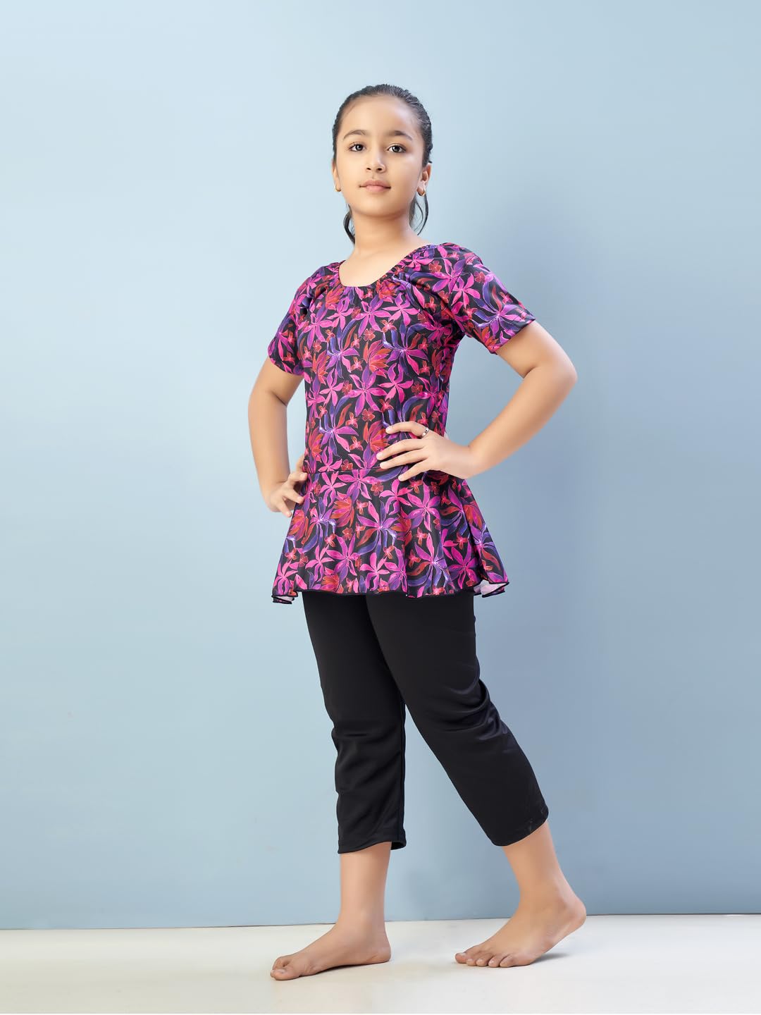 Aarika Girls Sports Wear Rani-Black Colour Floral Print Nylon Swim Suit (5-15 Years)-(SW-SHM-C-1120)