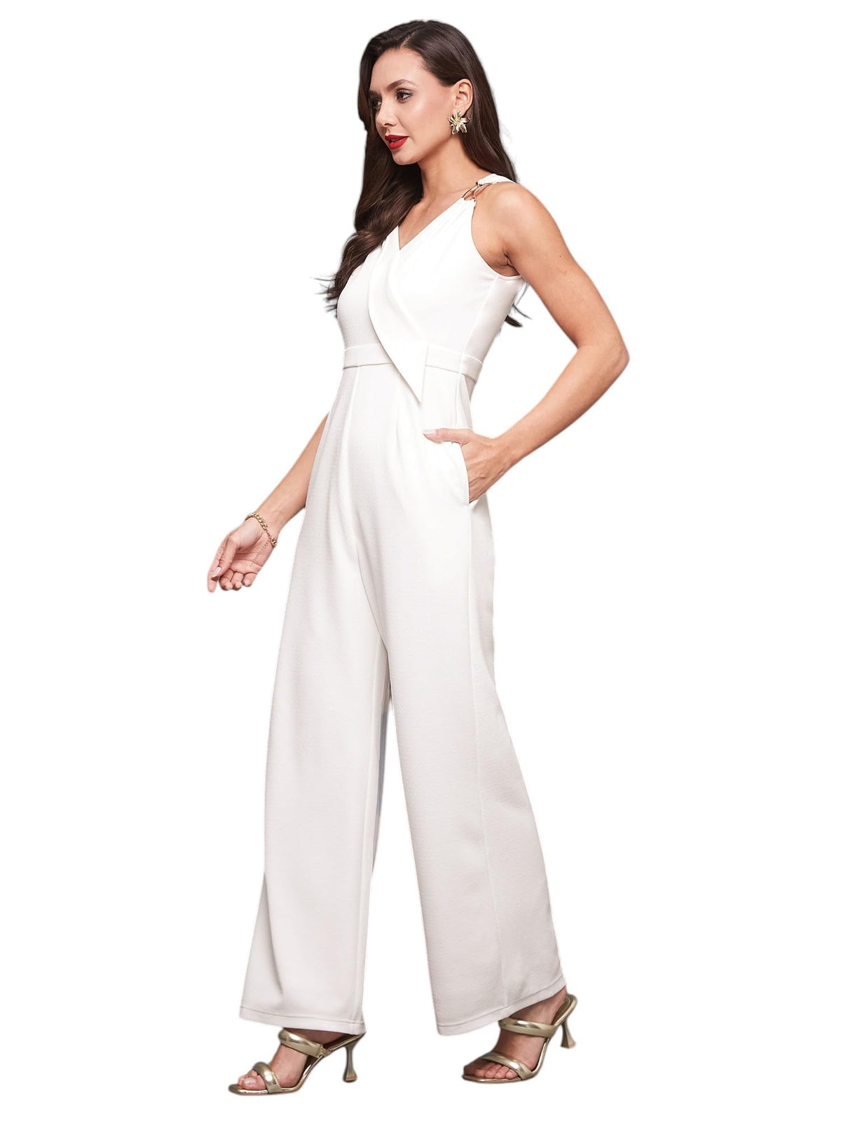 Miss Chase Womens V Neck Sleeveless Wrap Regular Length Jumpsuit (MCSS25D93-83-114-06, Off White, XL)