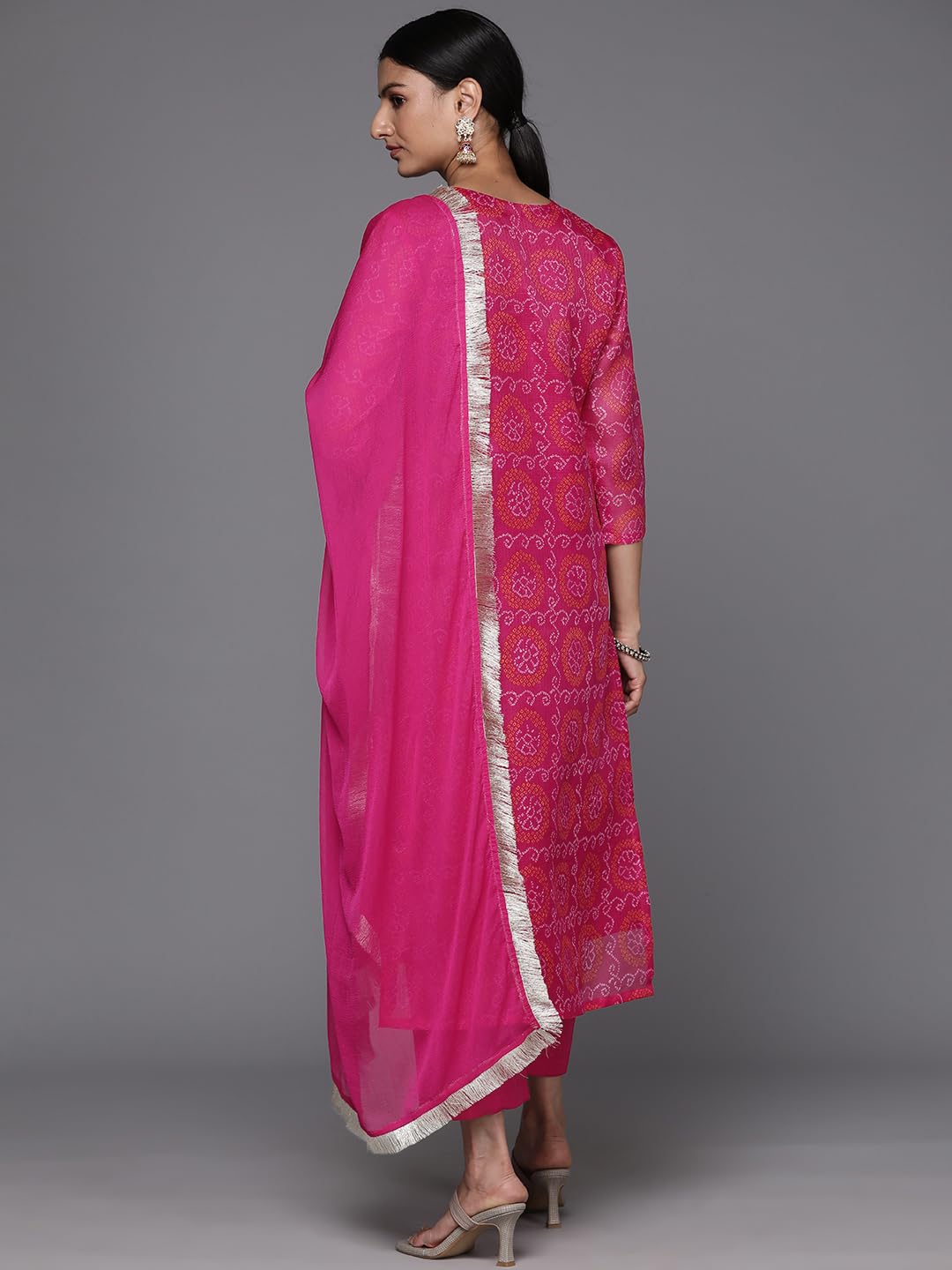 Varanga Women Fuchsia Bandhani Printed Gota Yoke Embroidered Straight Kurta, Paired With Tonal Bottom And Dupatta.