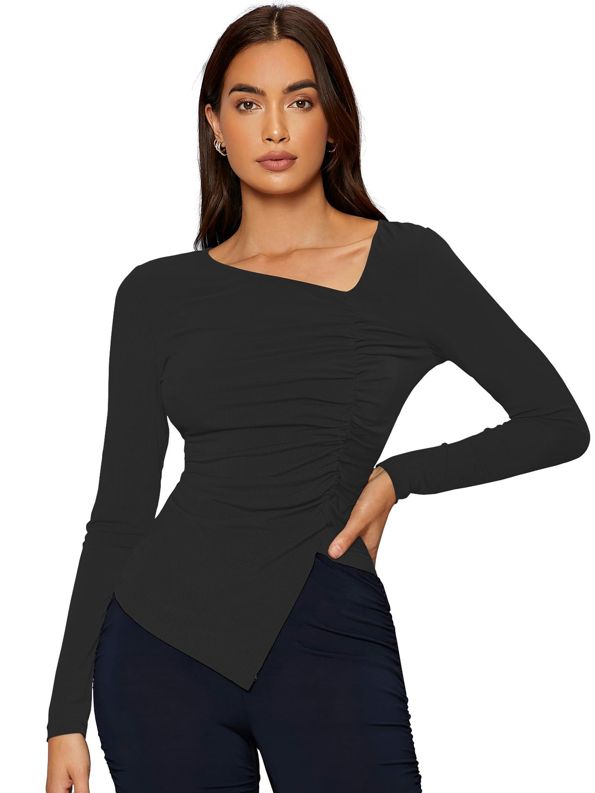 Shasmi Womens & Girls Black Long Sleeve Asymmetrical Neck Solid Color Ruched Front Asymmetrical Hem Tee Workwear Fancy Top, T-