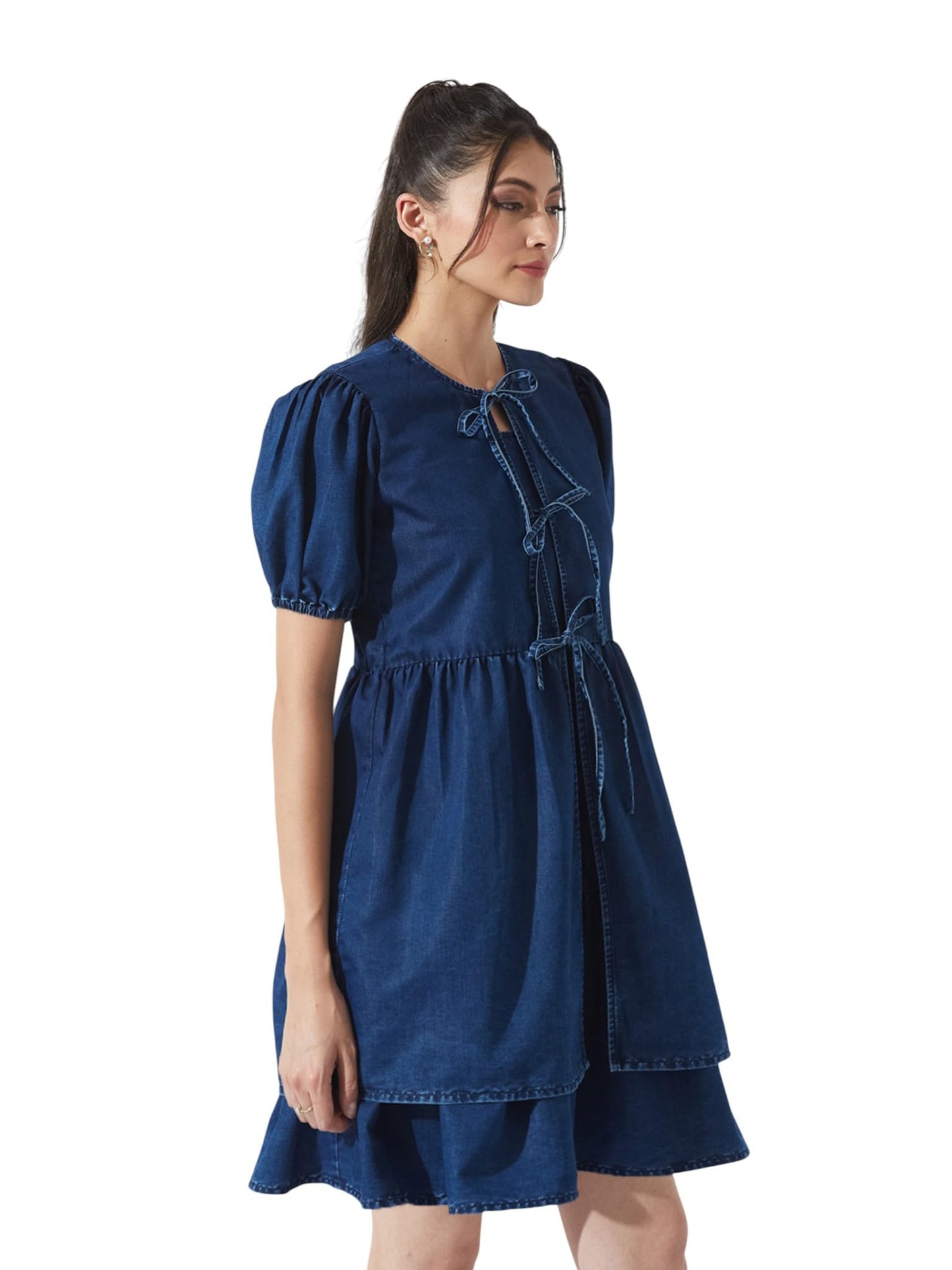 Miss Chase WomenS Round Neck Puff Sleeve Tie-Up Knee-Length Denim Dress (Mcaw25Den04-78-71-06, Navy Blue, Xl)