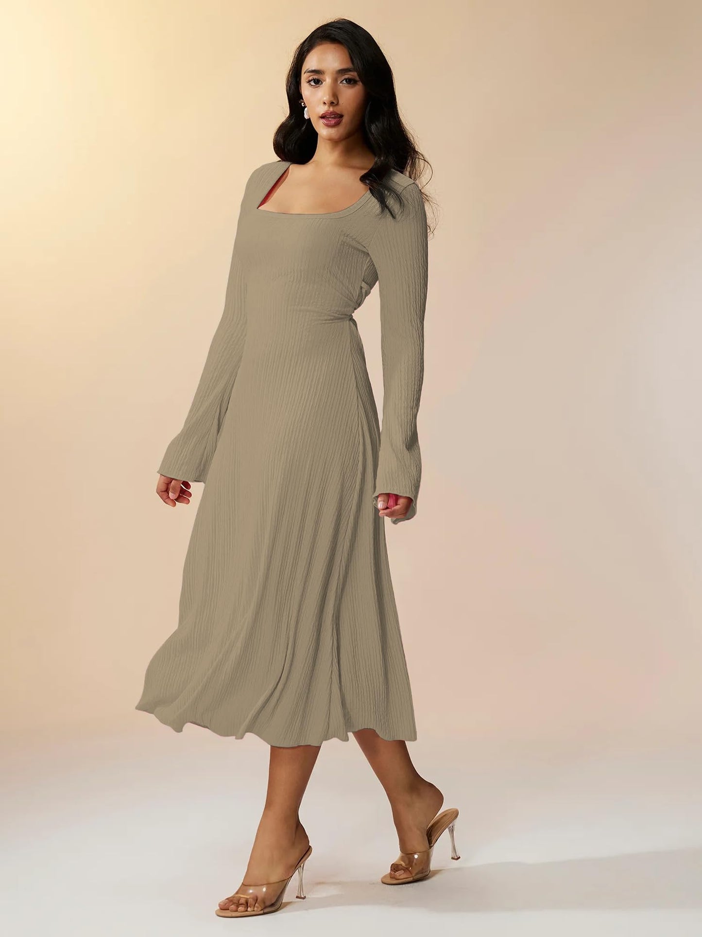 Shasmi Womens Kiwi Square Neck A-Line Dress Long Sleeve, Tie Waist, Knitted Stretchable, Casual & Office Outfit, Solid Winter M