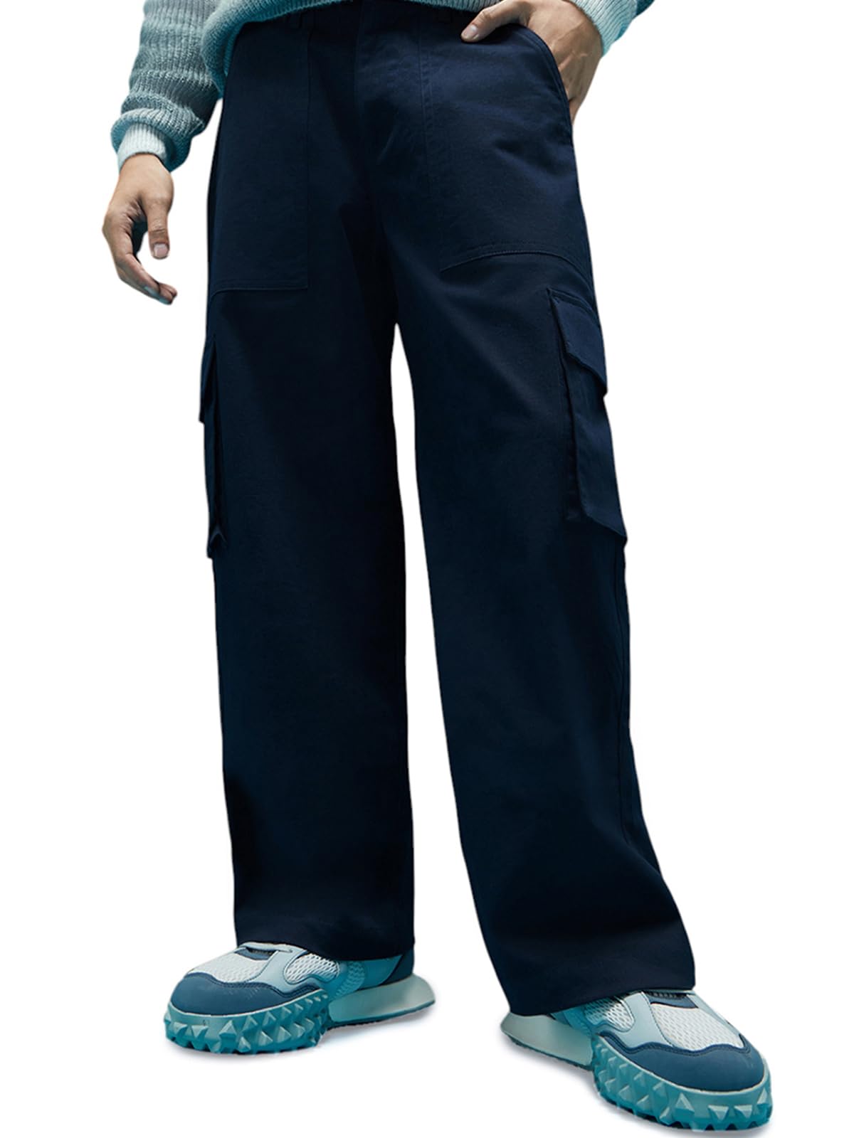 Veirdo Mens Lycra Baggy Relaxed Fit with Solid Button Closure Casual Woven Regular Length Cargo Pants