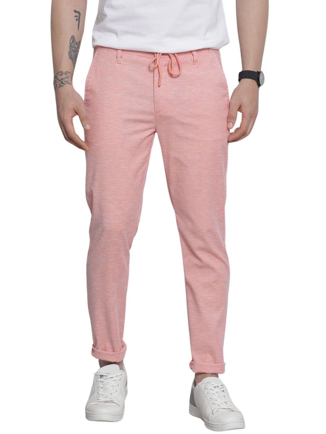 The Indian Garage Co Men Slim Fit Solid Mid-Rise Jogger Trousers Pink