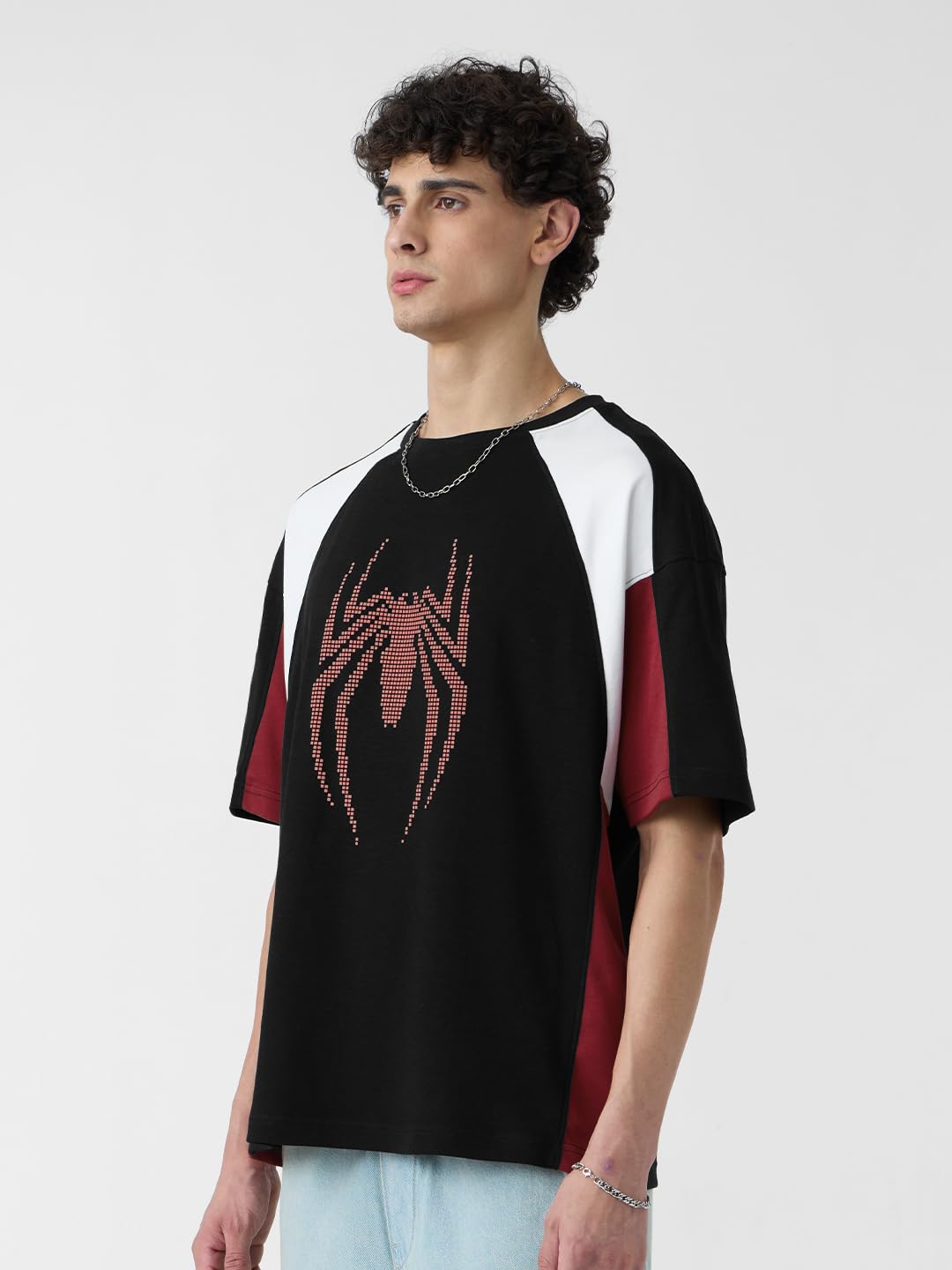 The Souled Store Spider-Man: Peter Parker Men and Boys Short Sleeves Round Neck Black Graphic Printed Cotton Oversized T-Shirts