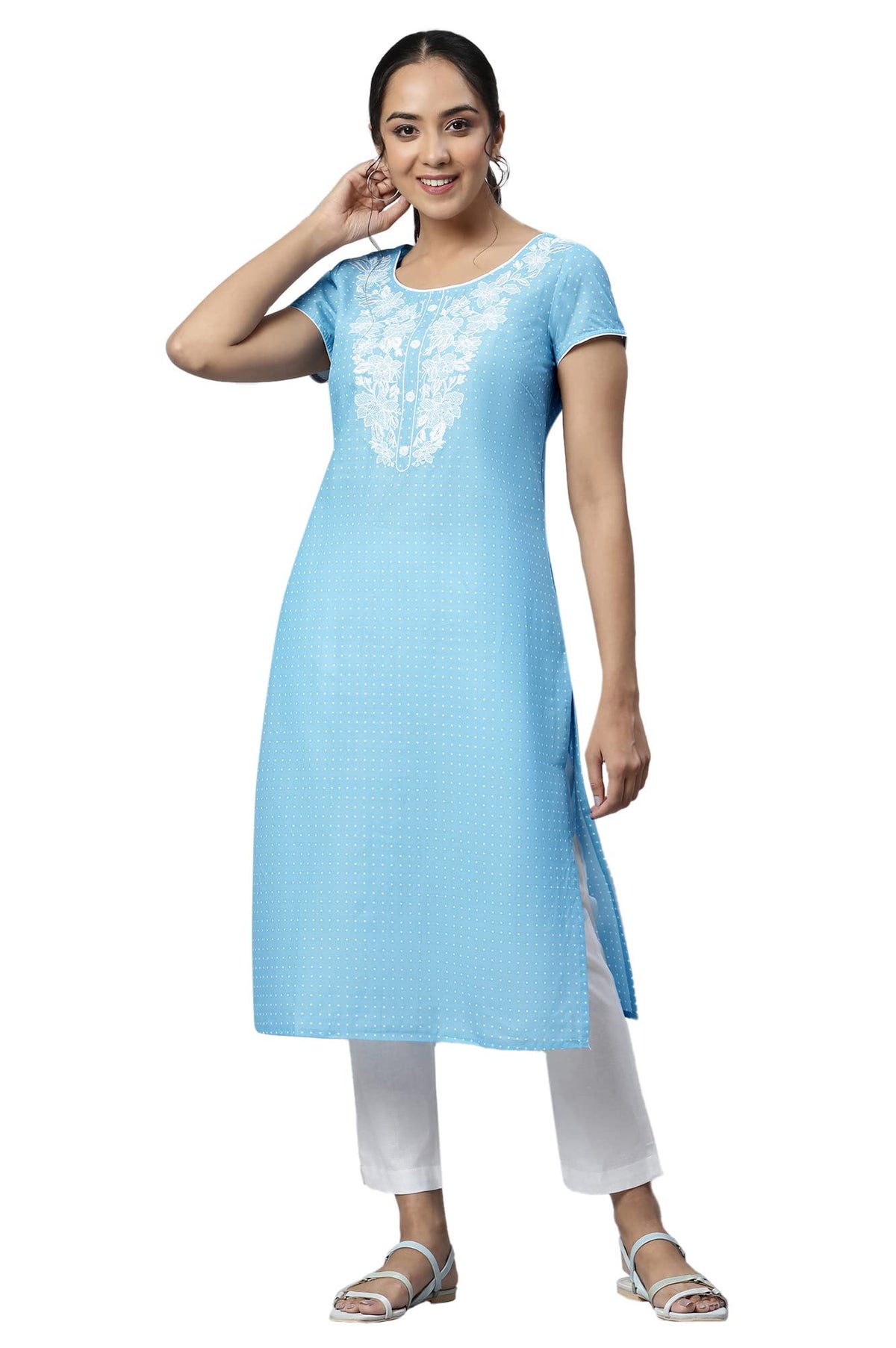 Aurelia Women Ice Blue Cotton Geometric Printed Straight Kurta_22Aua13345Ss-505796_Xxl