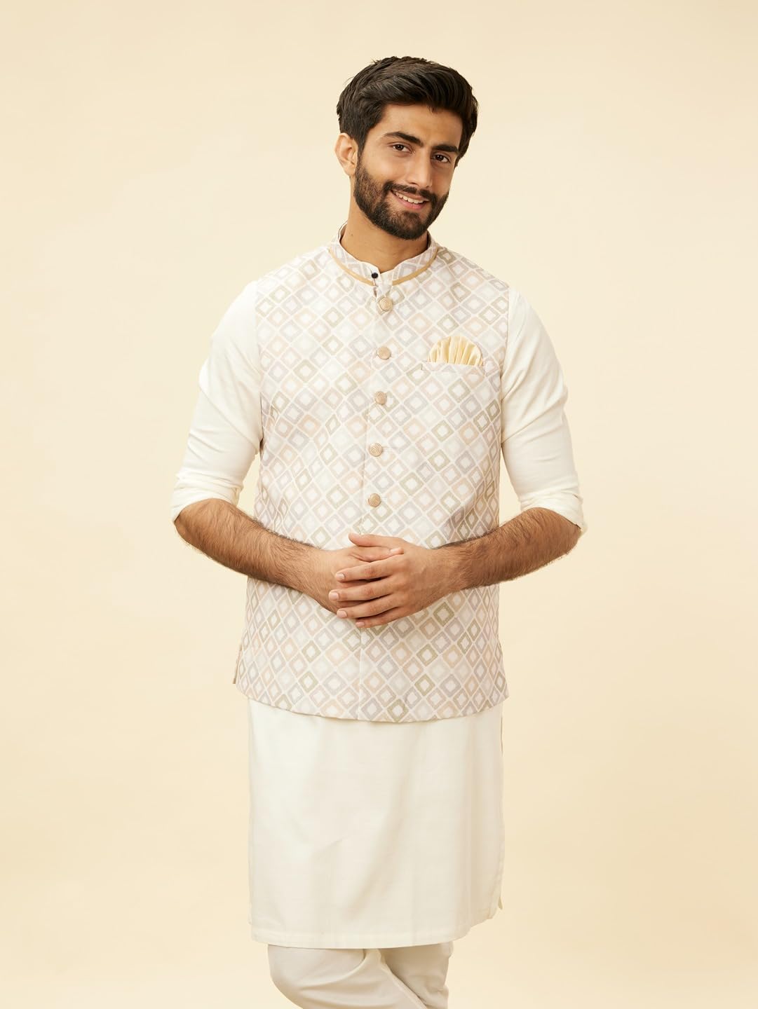 Manyavar Mens Cream Blended Cotton Self Design Jackets