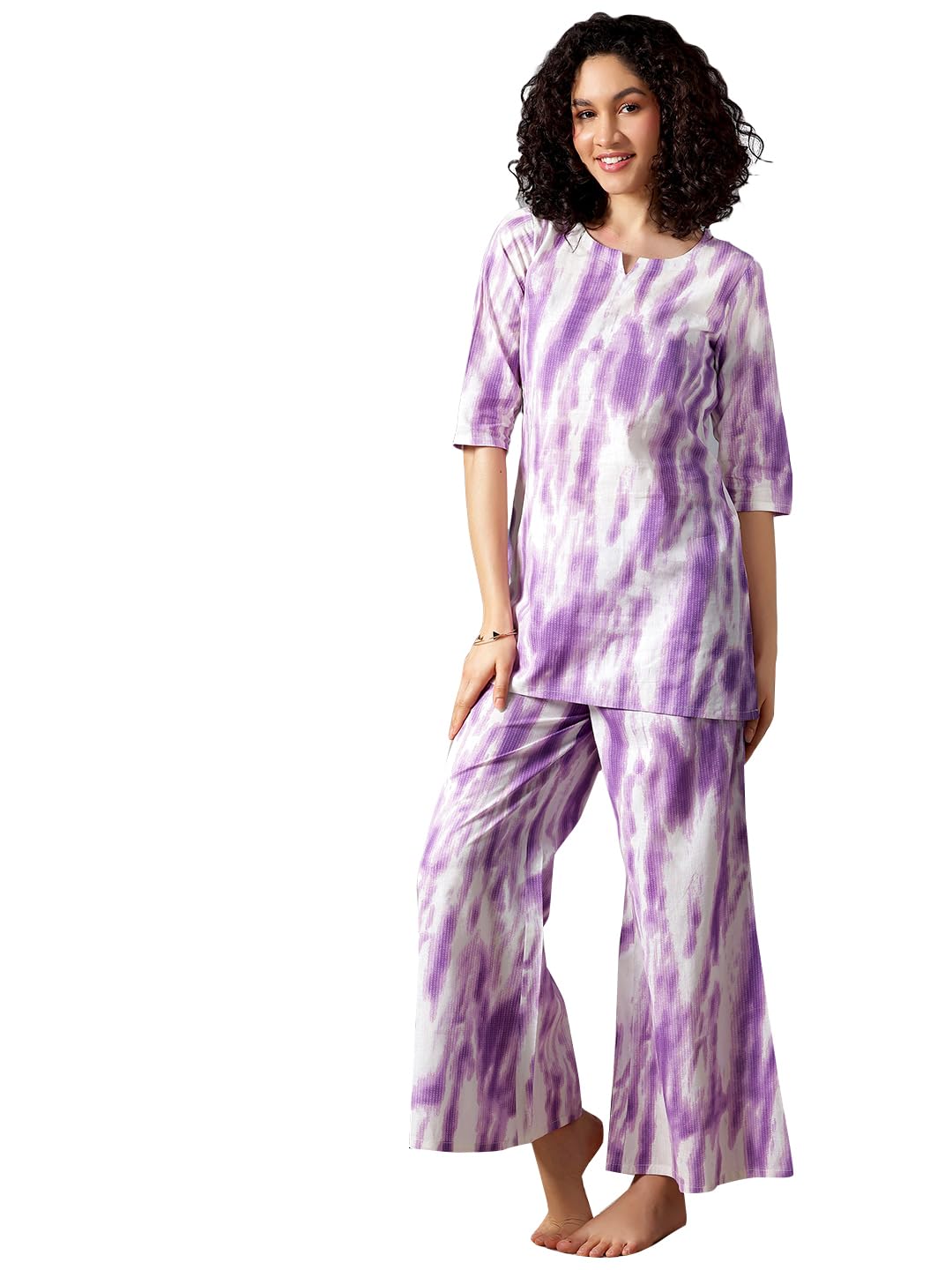 Libas Womens Printed Cotton Night Suit Set For Women Purple