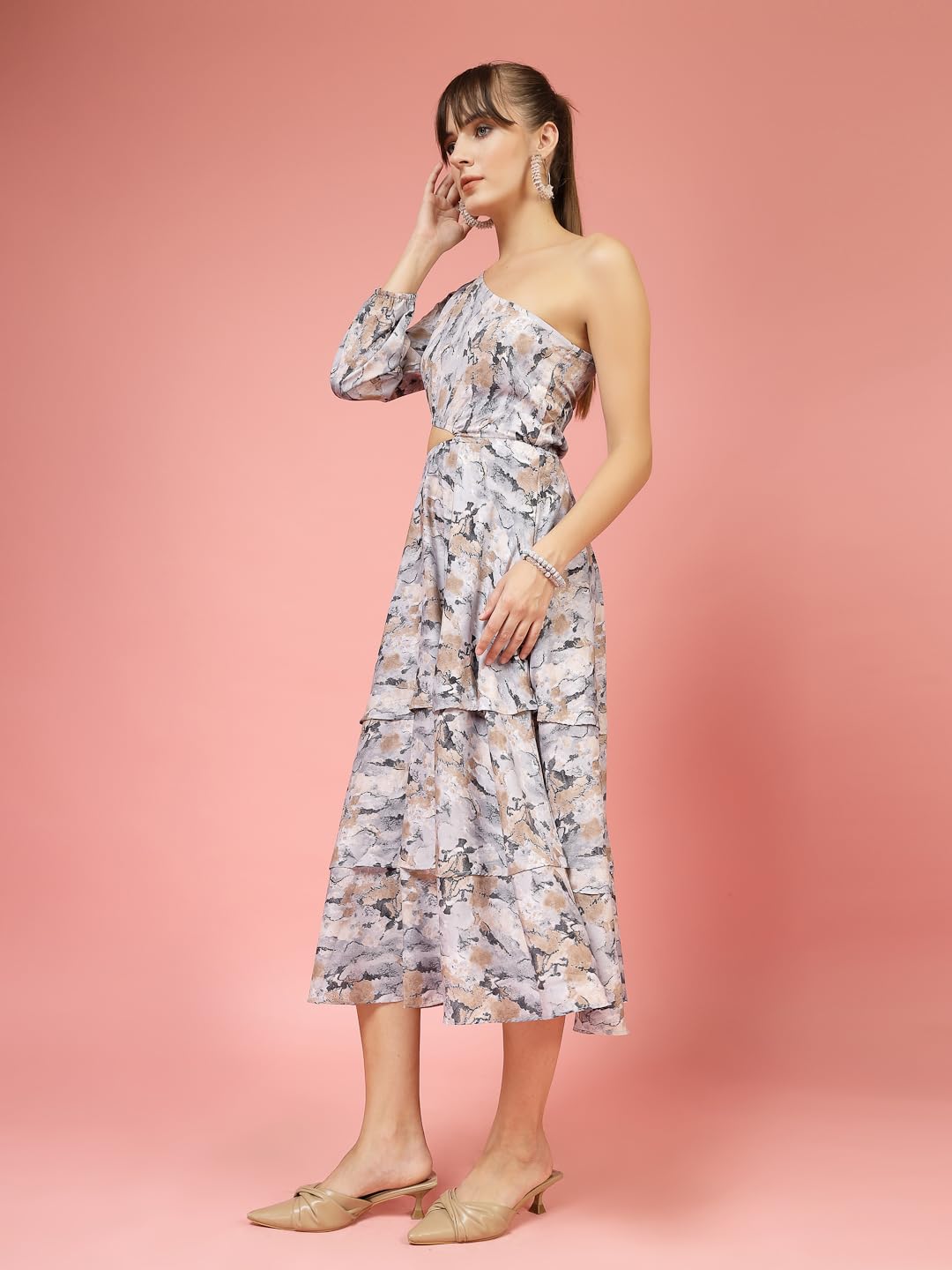 Oomph! WomenS Western & Fusion Wear Printed Crepe Dress For Women, One Shoulder, Brown - Md1070
