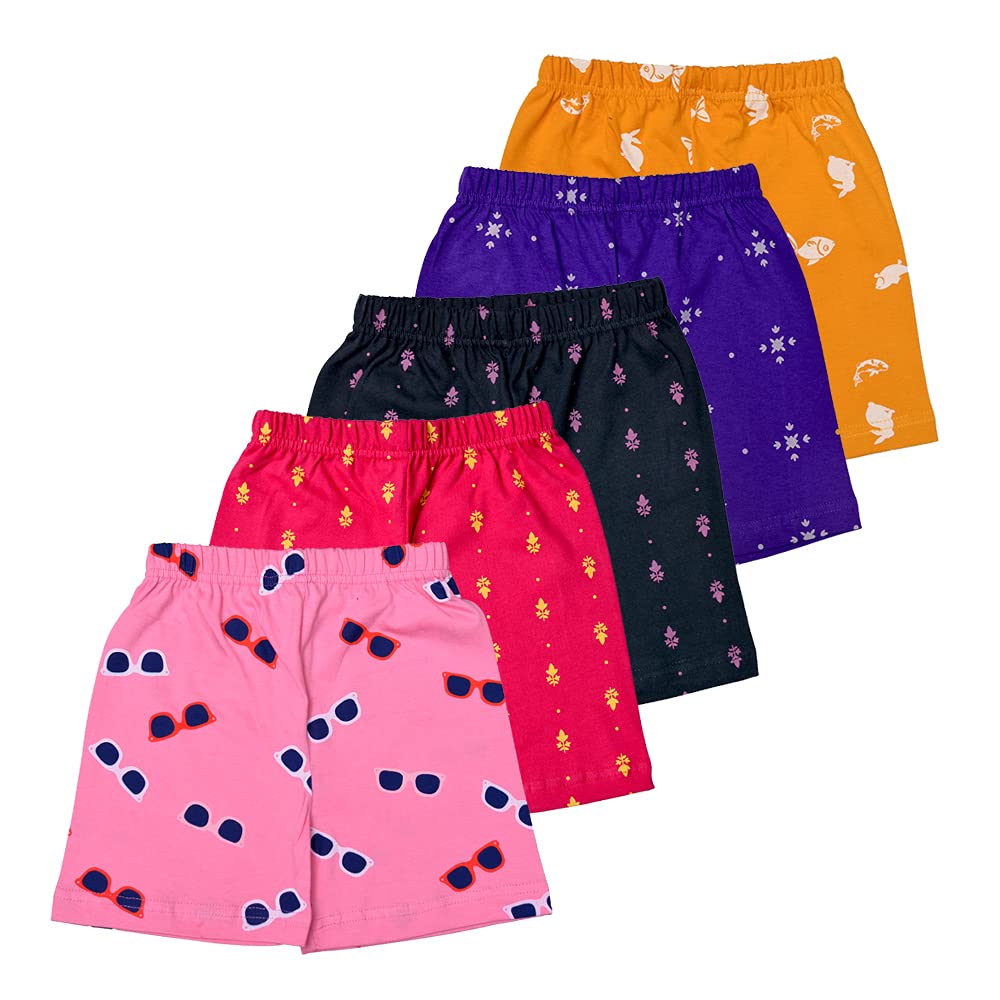 T2F Girls Cotton Printed Shorts(Pack of 5), Assorted, 3-4 Years