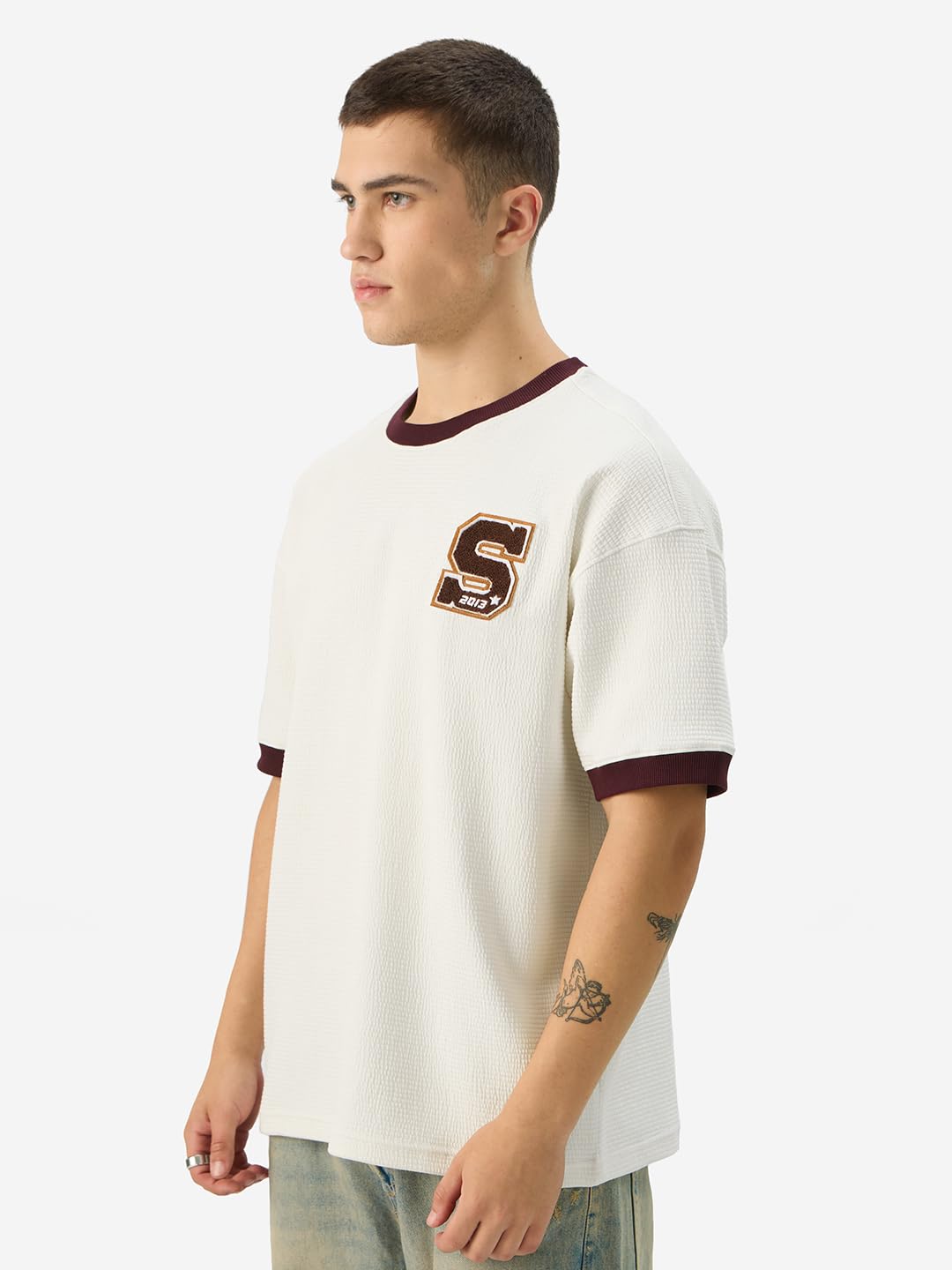 The Souled Store Originals: S 2013 Men and Boys Short Sleeve Round Neck White Embroidered Cotton Oversized T-Shirts