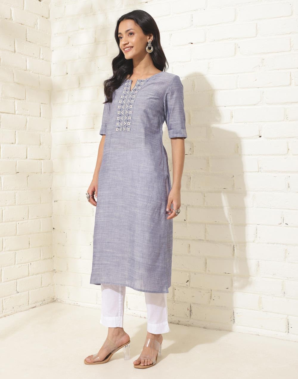 Fabindia WomenS Cotton Solid Slim Kurta (1037332Blue_Blue