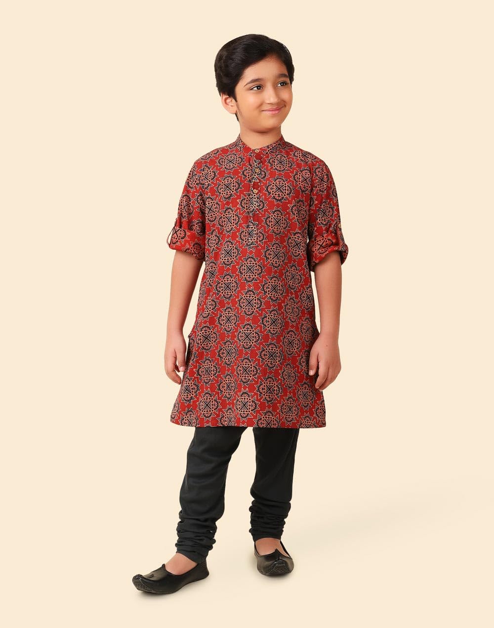 Fabindia Boy's Cotton Printed Regular Fit Long Kurta (1032800TERRACOTTA_Red