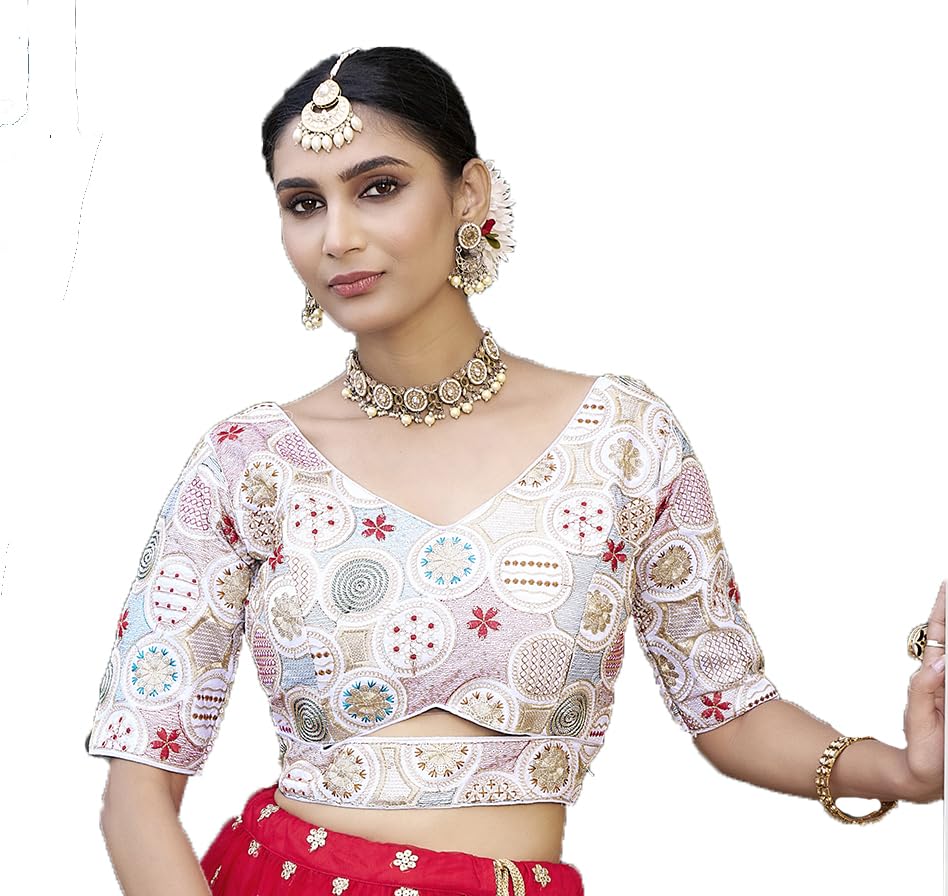 Pujia Mills Womens Blouse Readymade Blouse Embroidery Multi Coding Gold Thread Blouses Handwork White Color Readymade Saree Blo