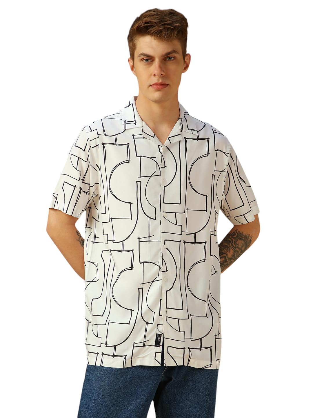 Dennis Lingo Men White Printed Cotton Relaxed Fit Half Sleeve Shirts