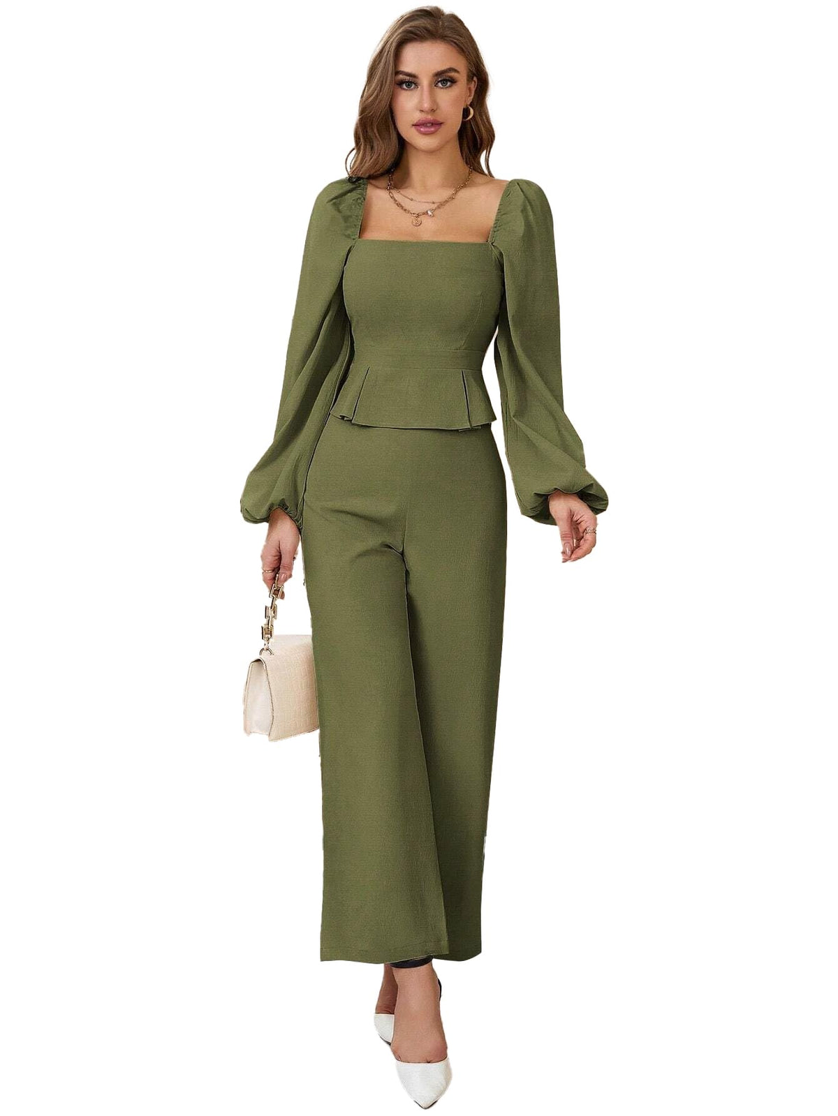 Kotty WomenS Solid Relaxed Fit Full Sleeve Co-Ord Top And Trouser Set. Olive Green