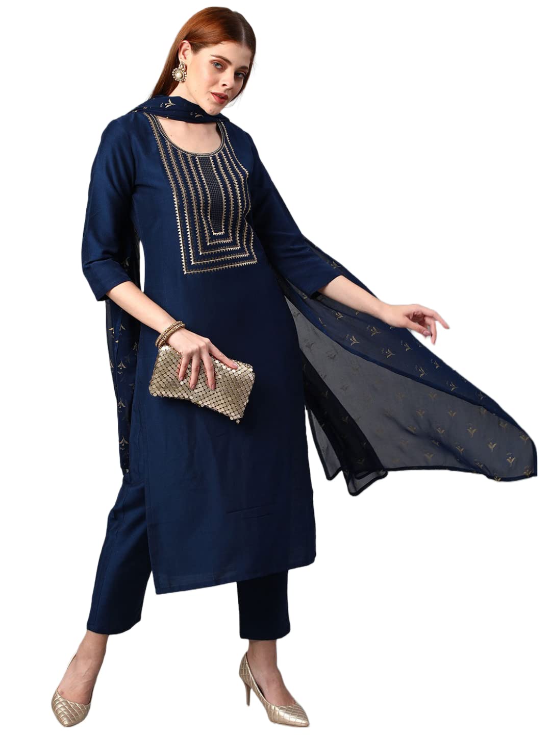ANNI DESIGNER Womens Cotton Blend Solid Straight Kurta with Pants & Dupatta (Indira-Cerosin_XL_Dark Blue_X-Large)
