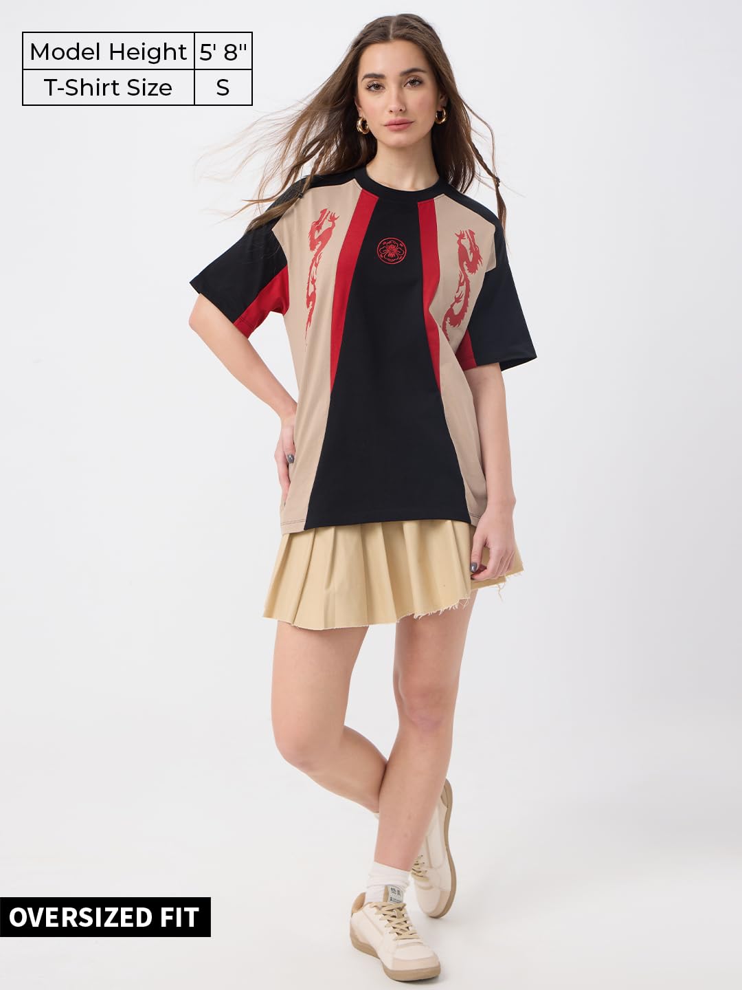 The Souled Store Dragon Warrior Women and Girls Short Sleeves V Neck Black Graphic Printed Cotton Oversized T-Shirts